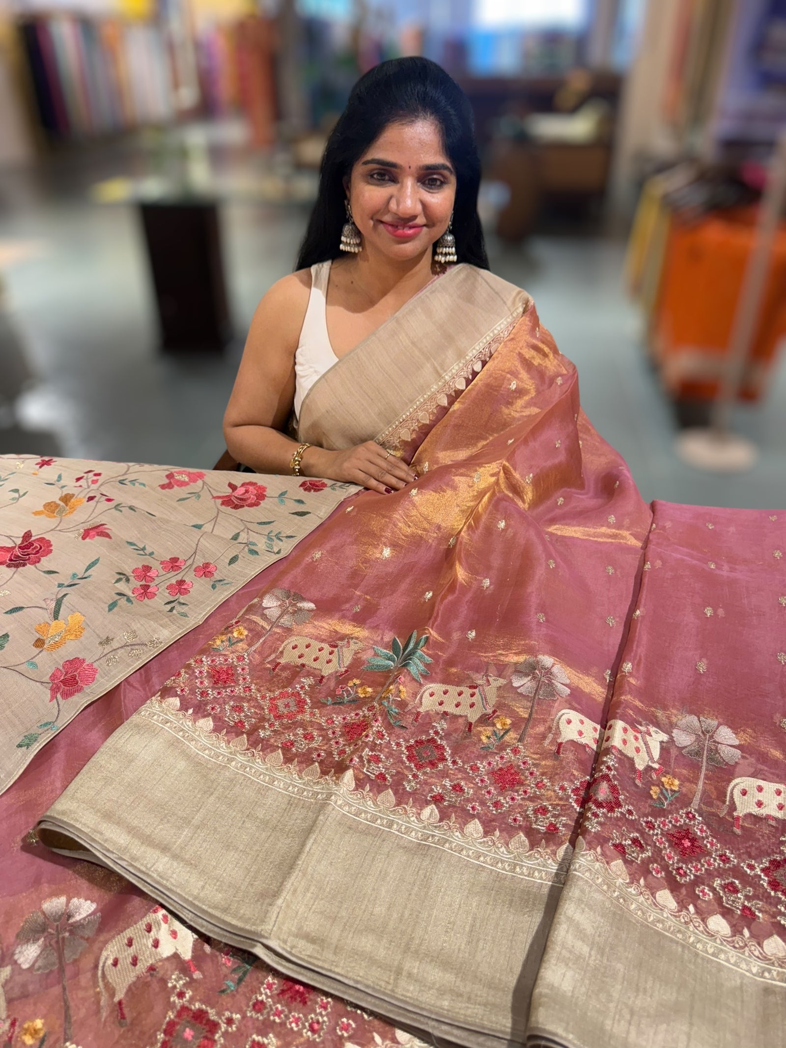 Onion Pink Designer Tissue Saree