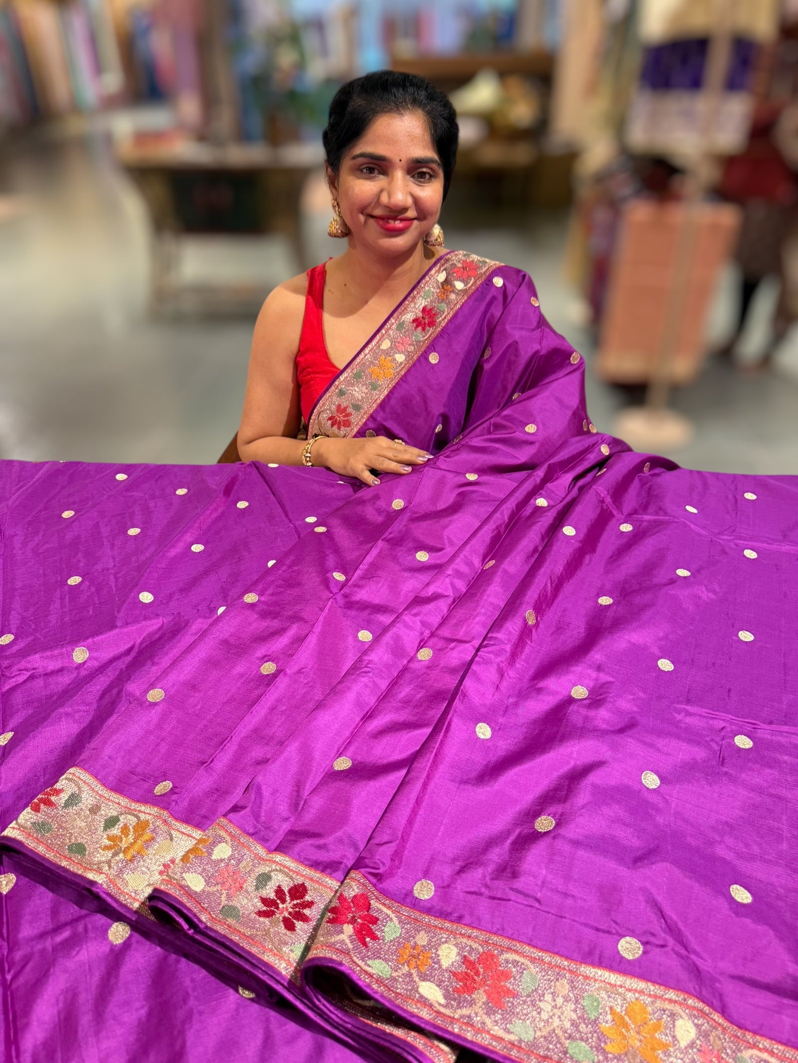 Majenta Kanchi soft silk saree with pythani and jamdani inspired embroidery