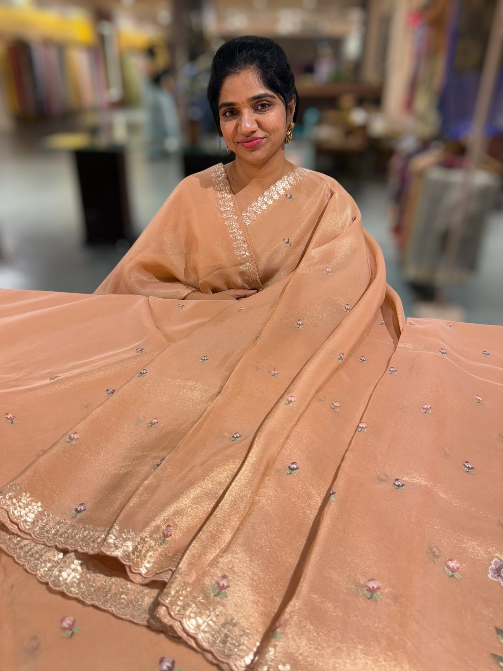 Peach Tissue Georgette Saree with petite point emb