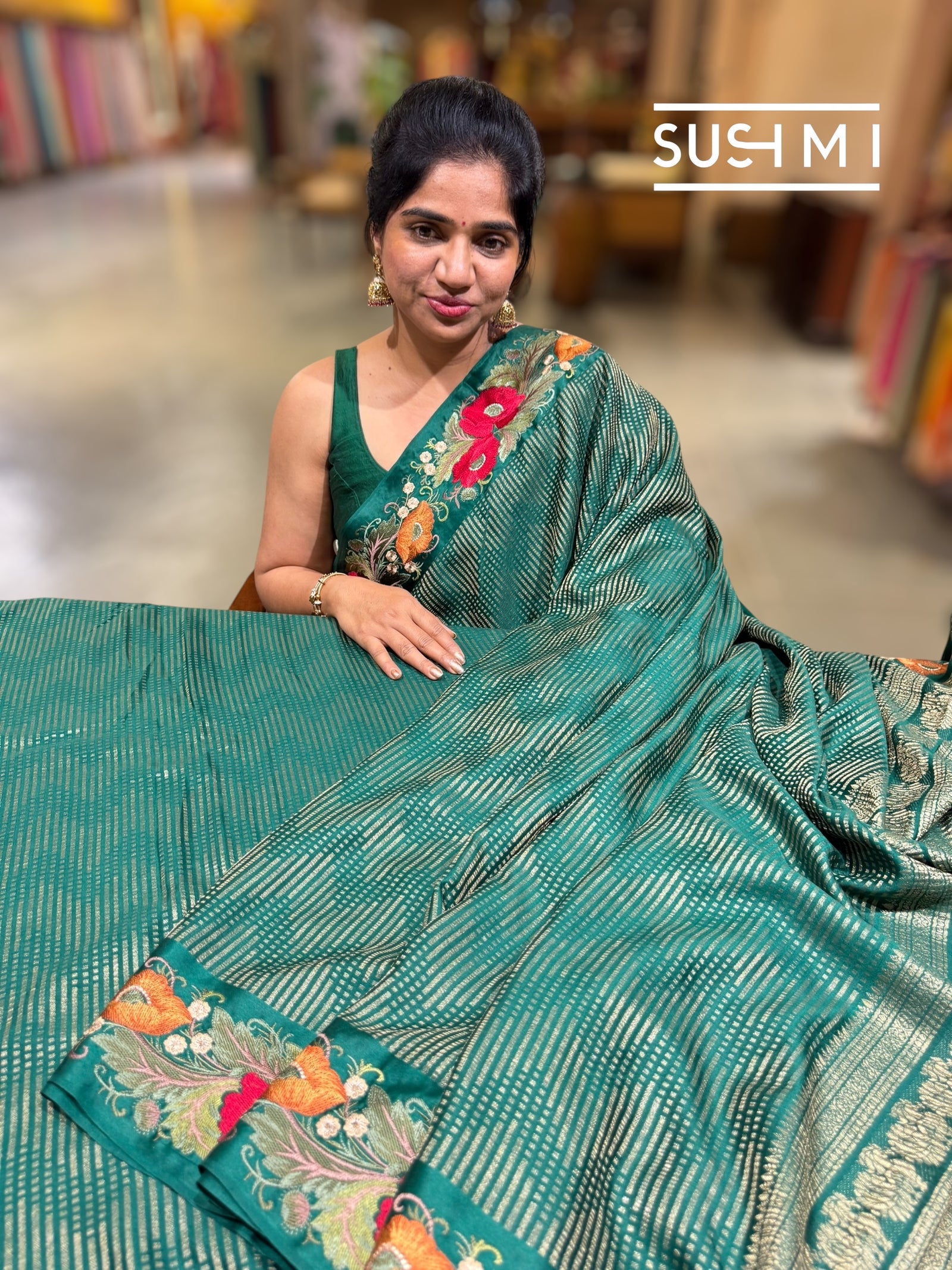 Bottle Green Mysore silk with embroidered border S62F063