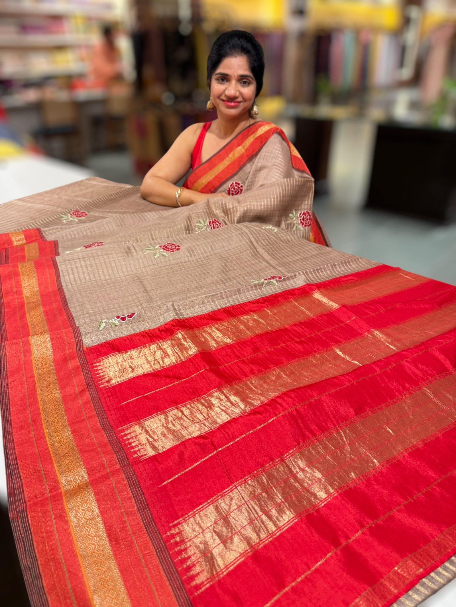 Chickoo Tussar Tissue and Silk fusion Saree with embroidery