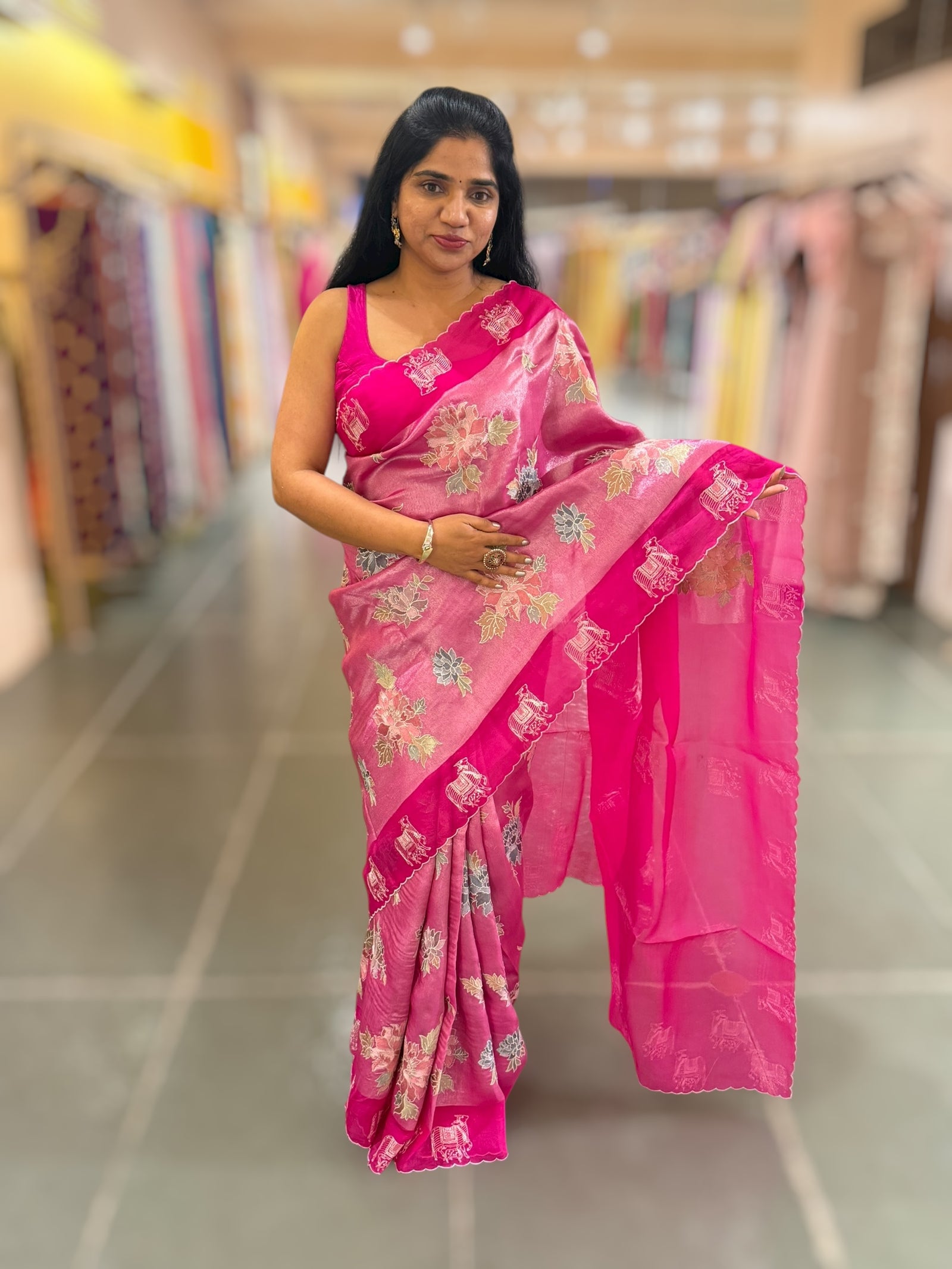 Fushcia Pink Premium Handloom Designer Tissue saree with exquisite embroidery