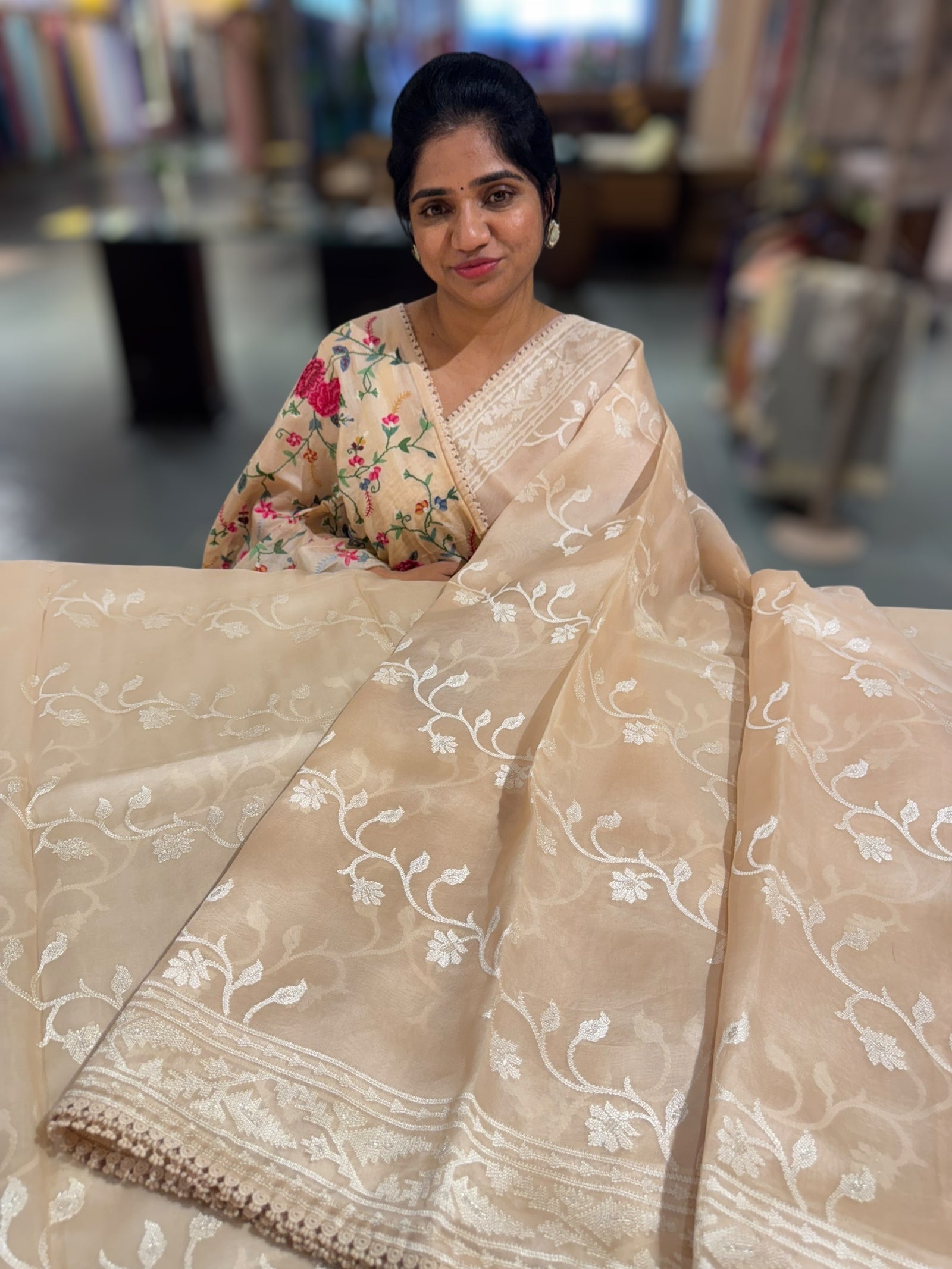 Beige Pure Organza with jamdani inspired embroidery