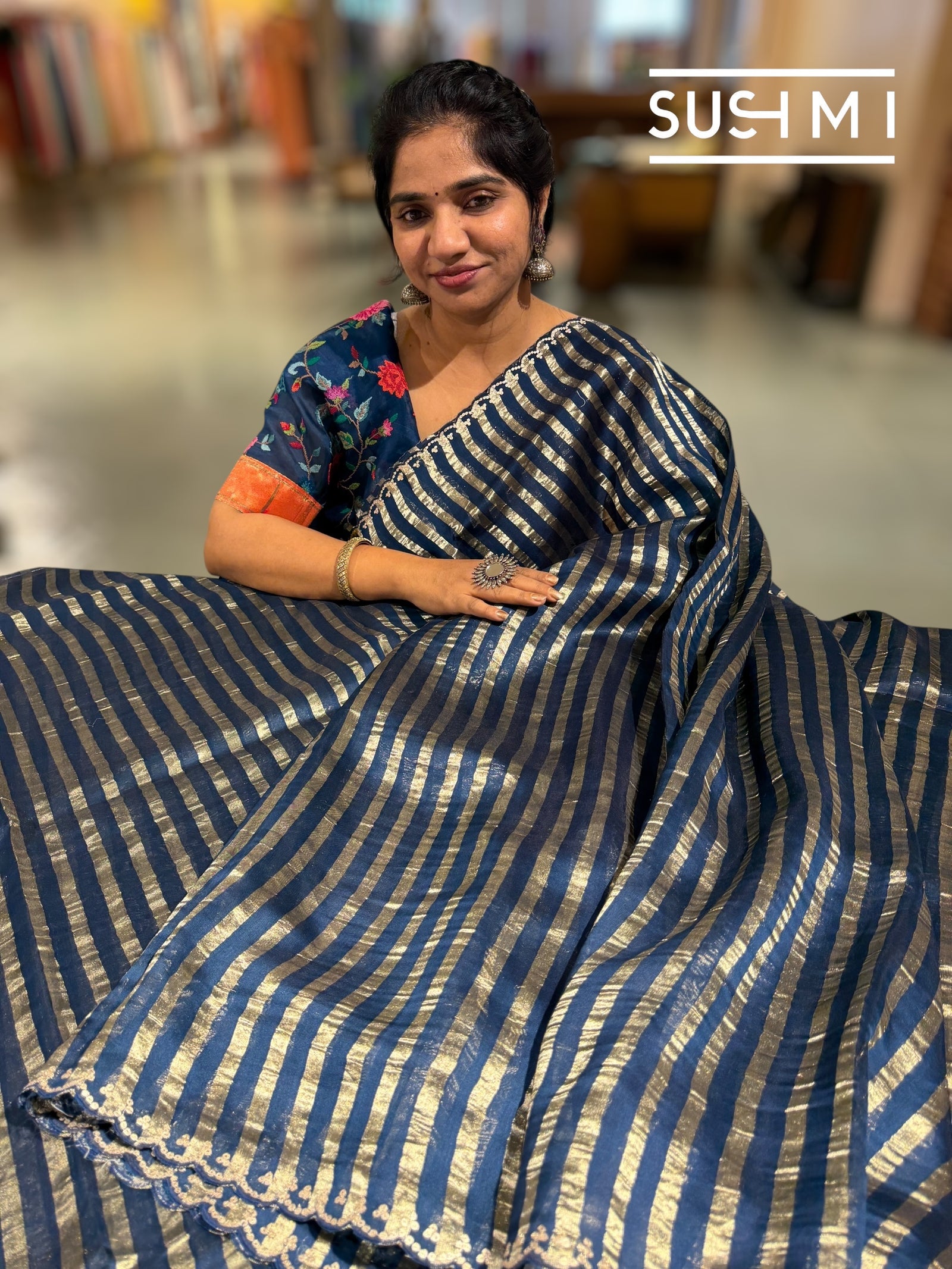 Midnight blue Mul tissue stripes saree with fusion blouse : D62134