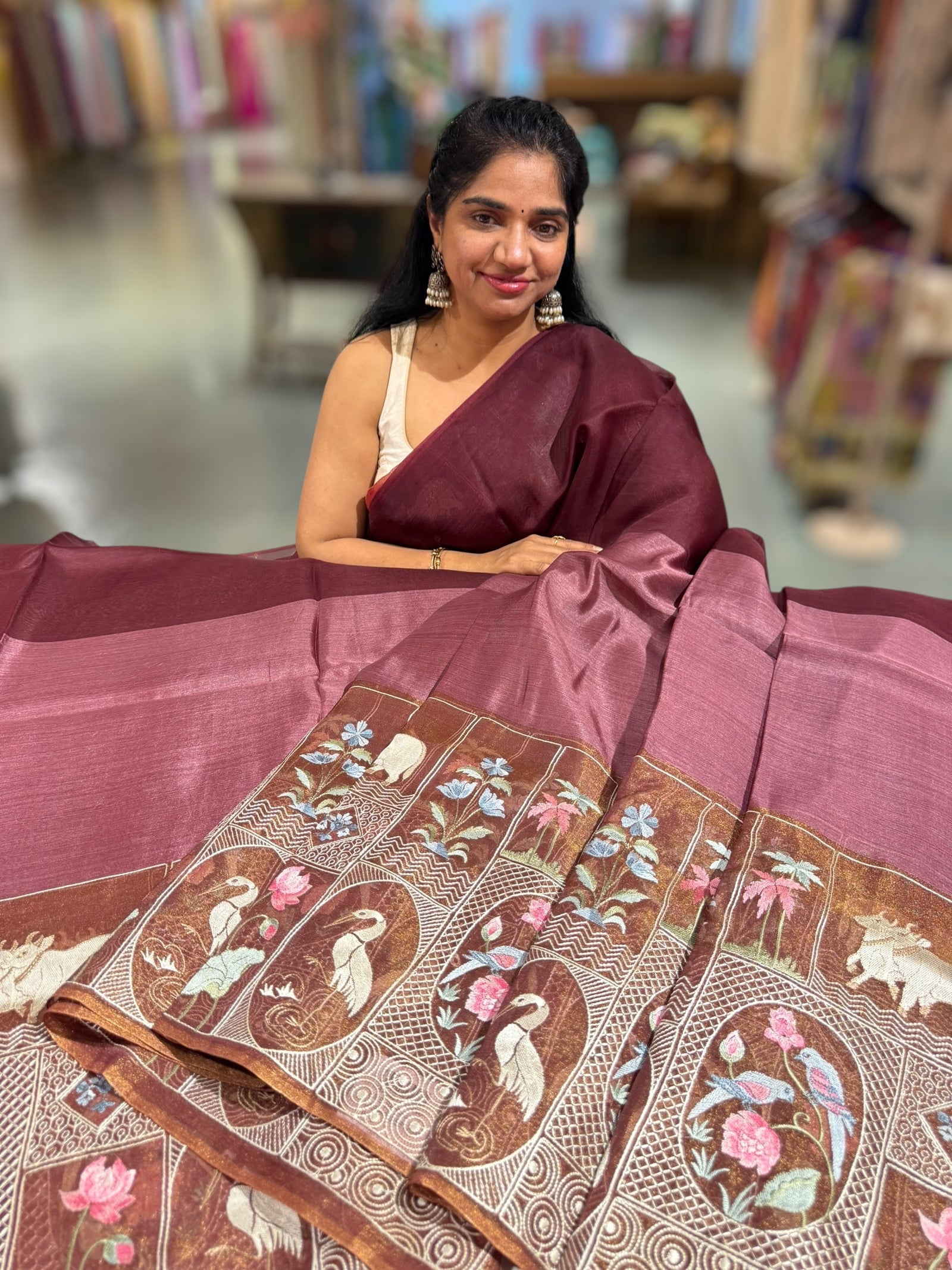 Winish Brown Kora-Tussar blend Handloom Saree with Tissue embroidered Skirt Border