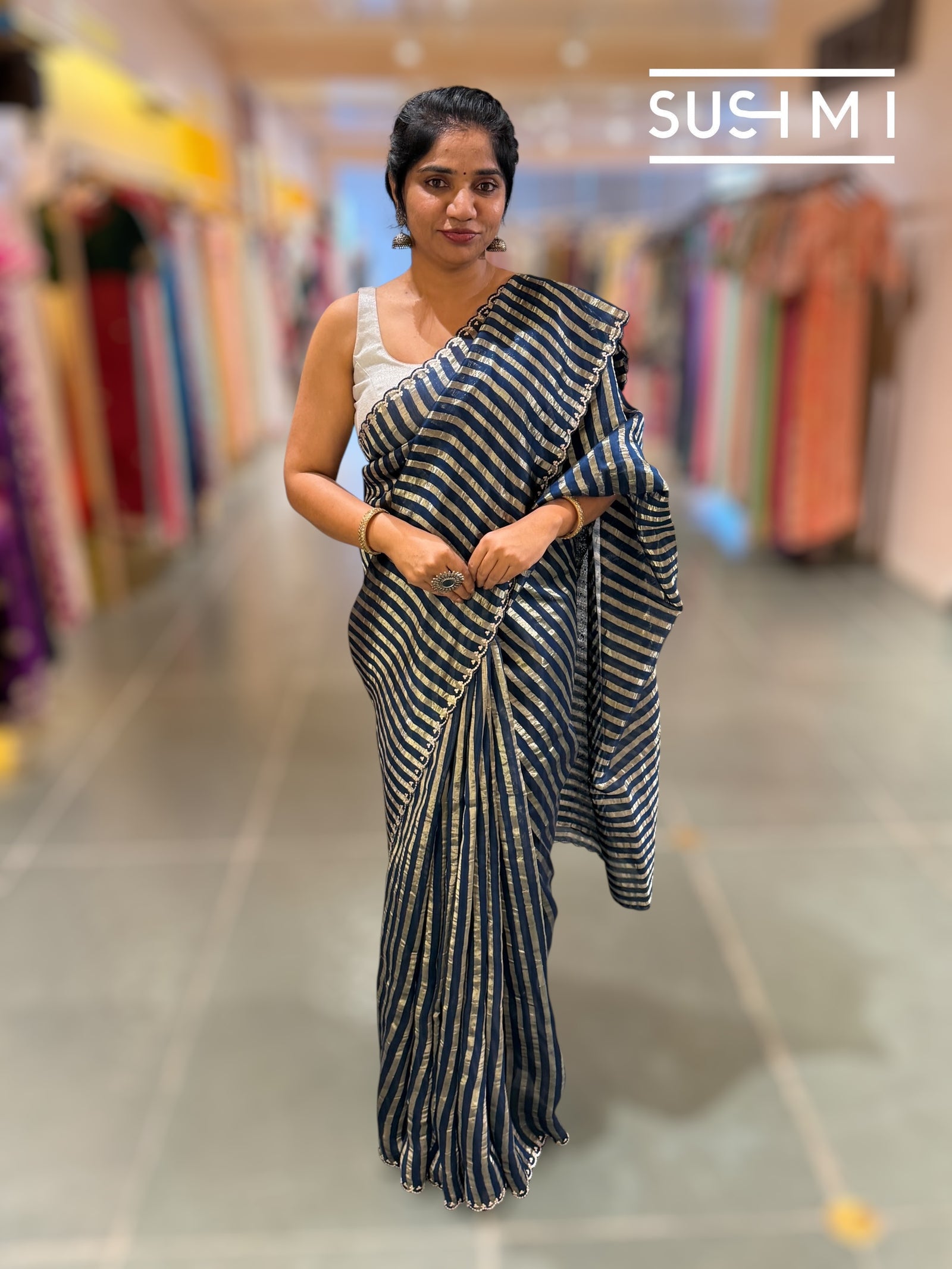 Midnight blue Mul tissue stripes saree with fusion blouse : D62134