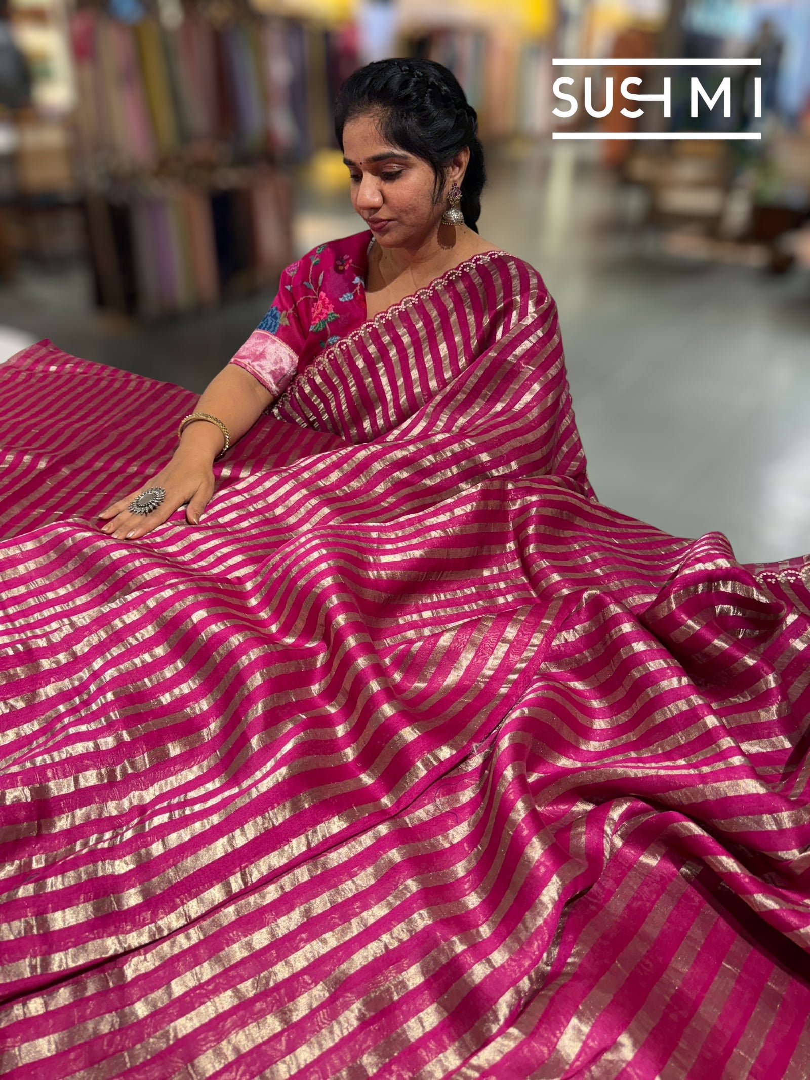 Beetroot Pink Mul tissue stripes saree with fusion blouse : D62138