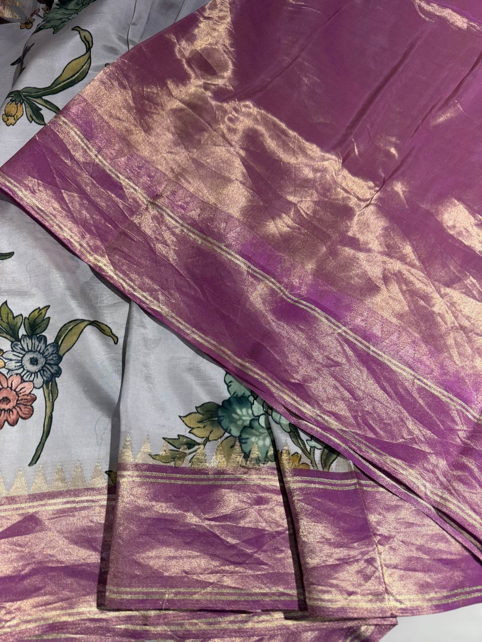 Silverish Grey Kanjeevaram Designer print saree