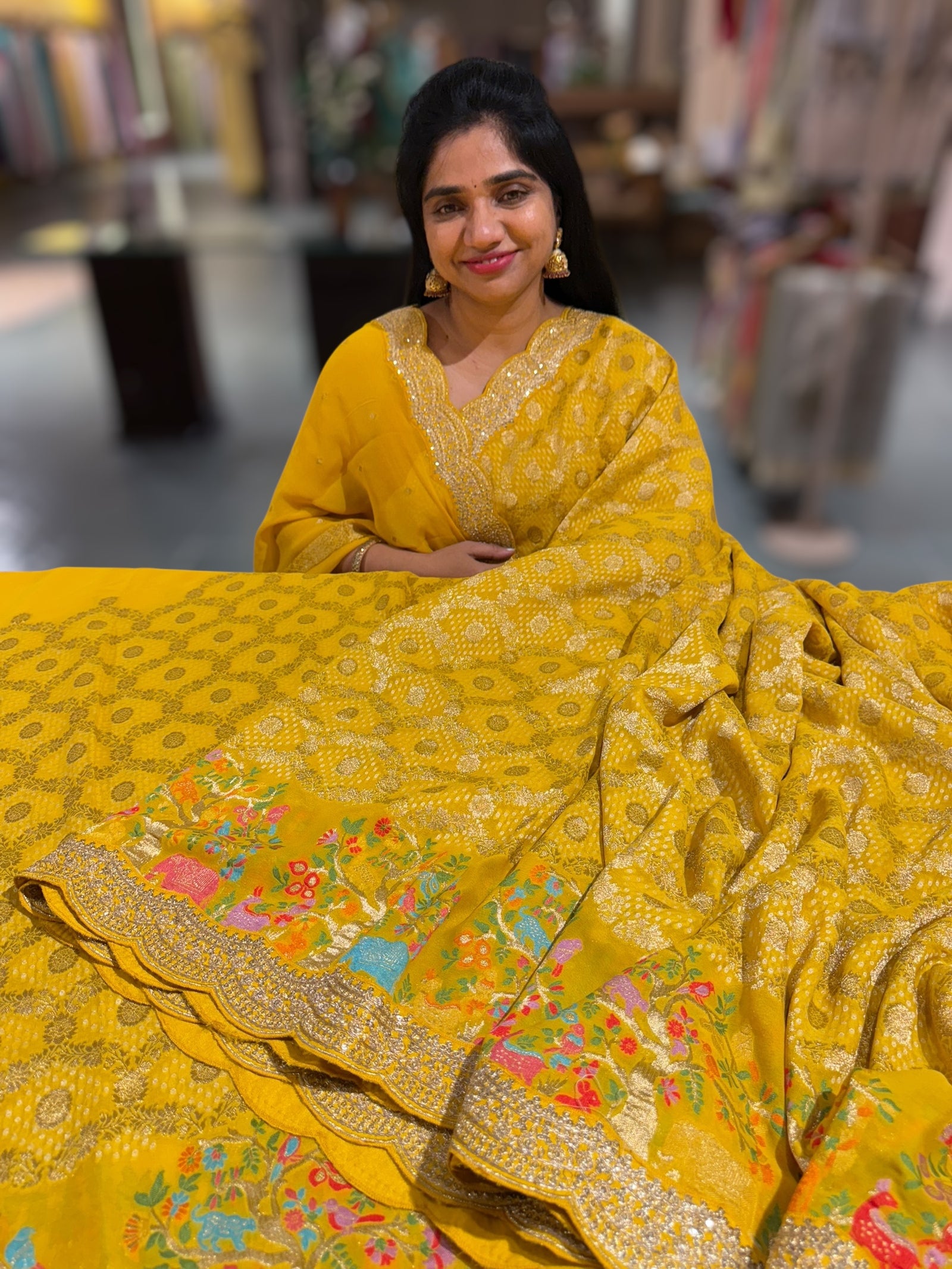 Yellow Bandhini Georgette Saree with sabya style scallop border