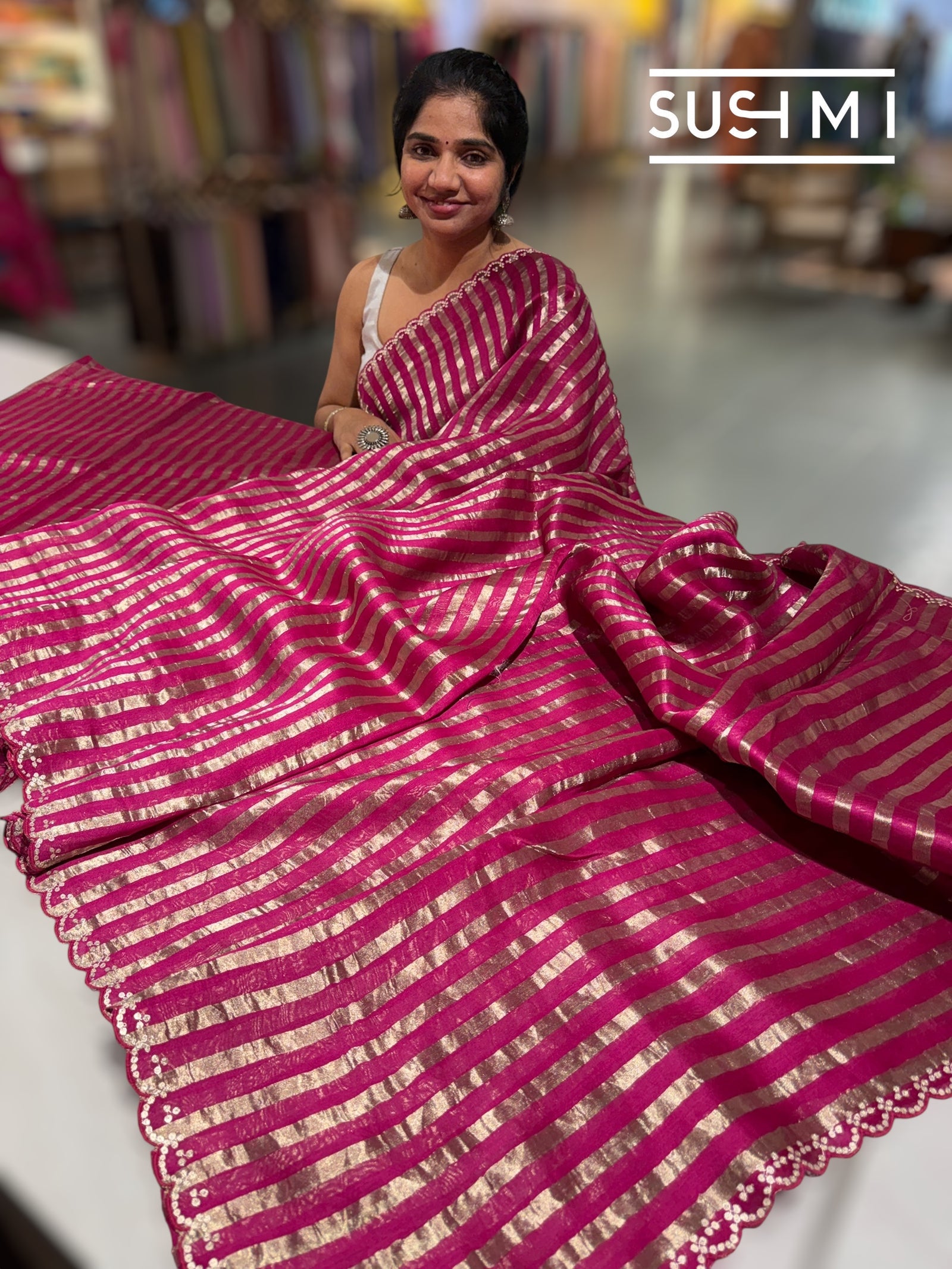 Beetroot Pink Mul tissue stripes saree with fusion blouse : D62138