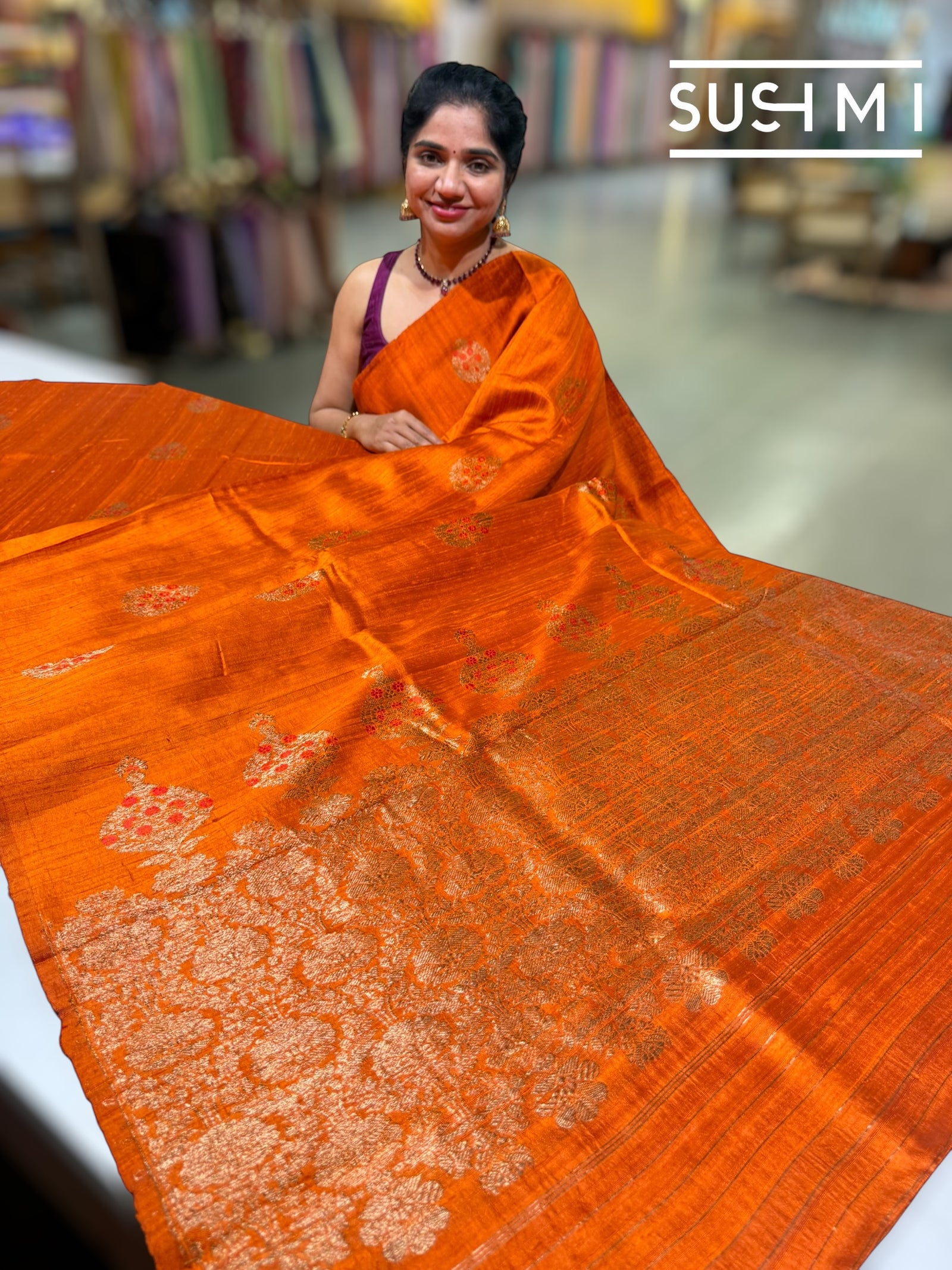 Rust Orange Banarasi Handloom Dupion Rawsilk Saree : S62F110