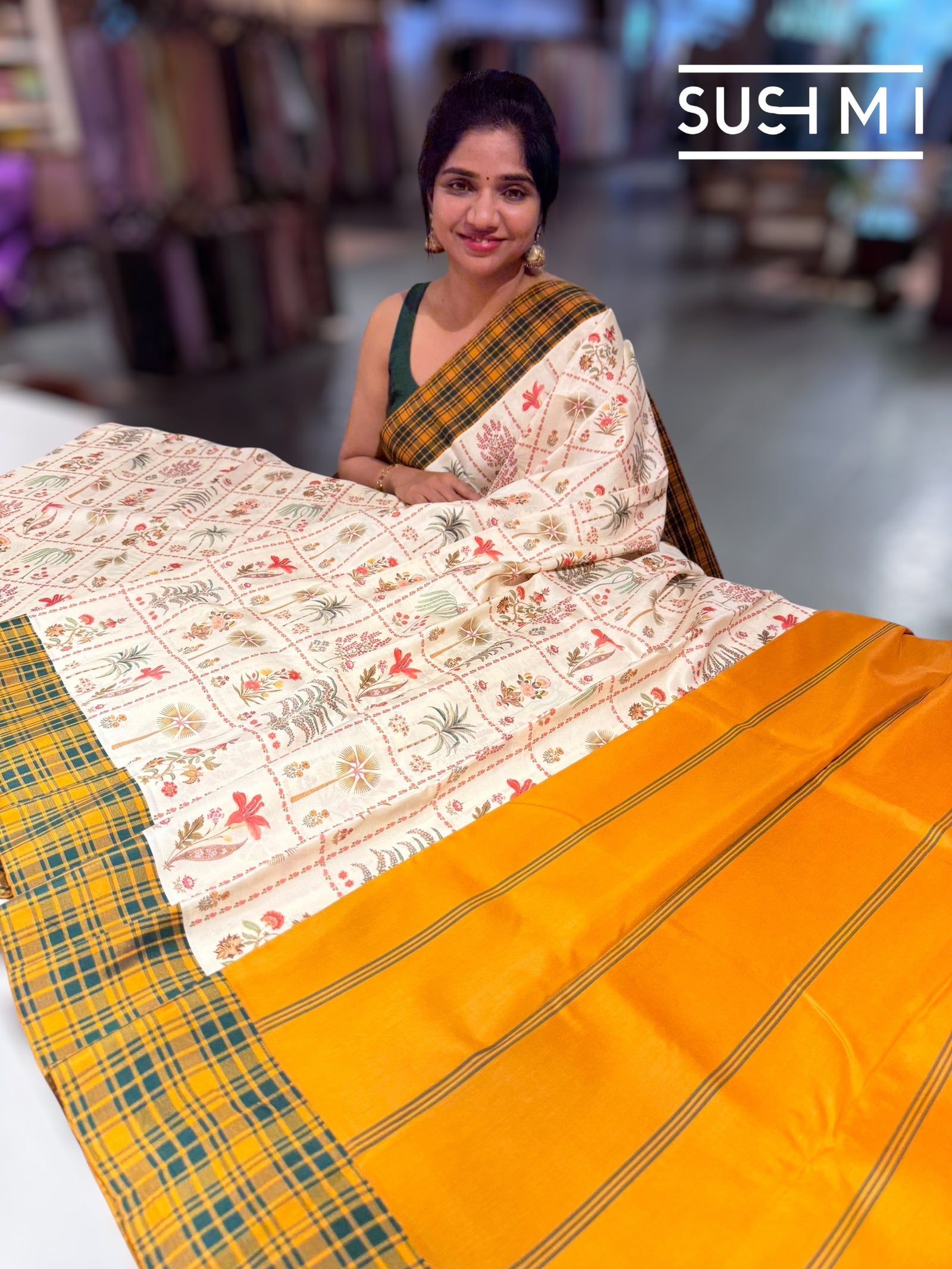 Ivory printed soft silk saree with burberry checks border : D62F034
