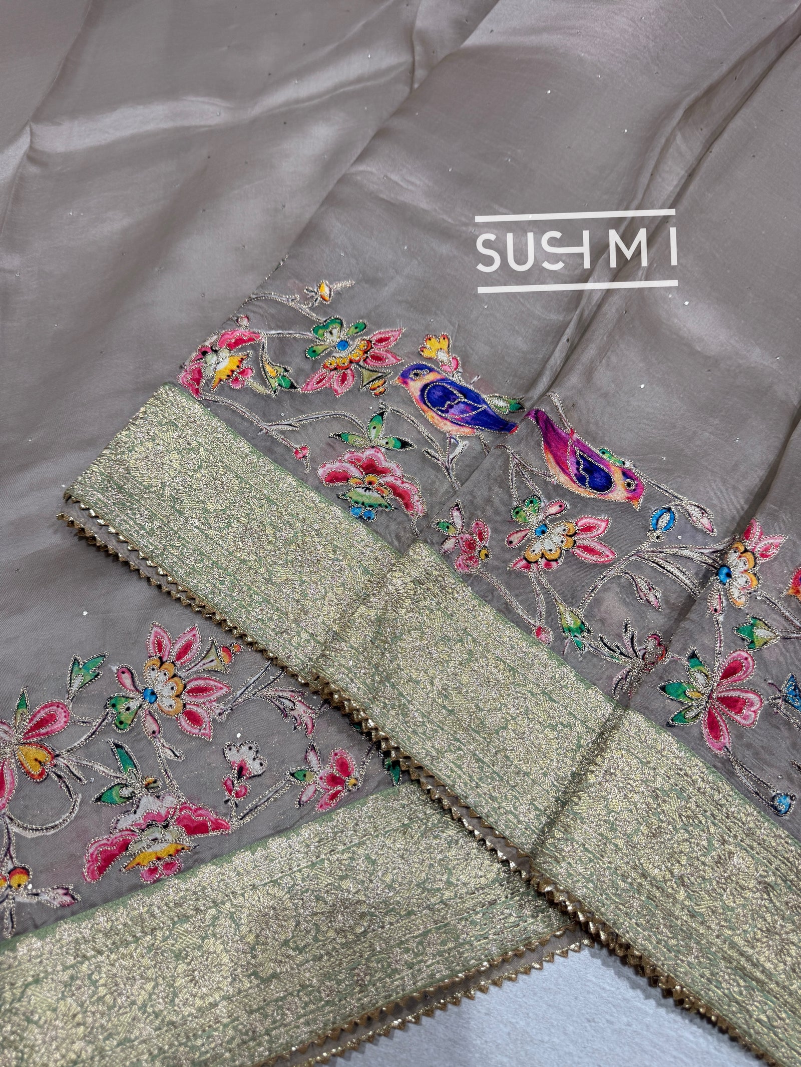 Muted Earthy Dove tone Organza Banarasi Fusion Saree with Bird Appliqué : SM022