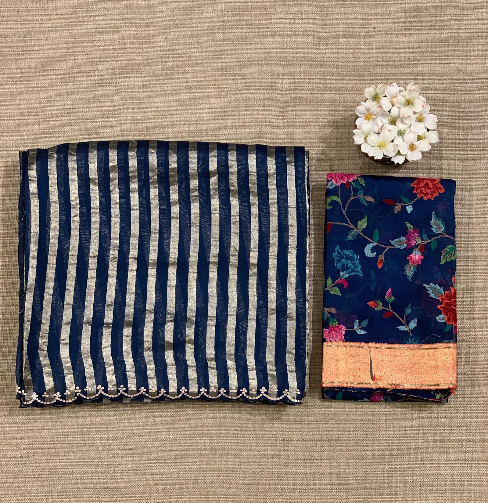 Midnight blue Mul tissue stripes saree with fusion blouse : D62134