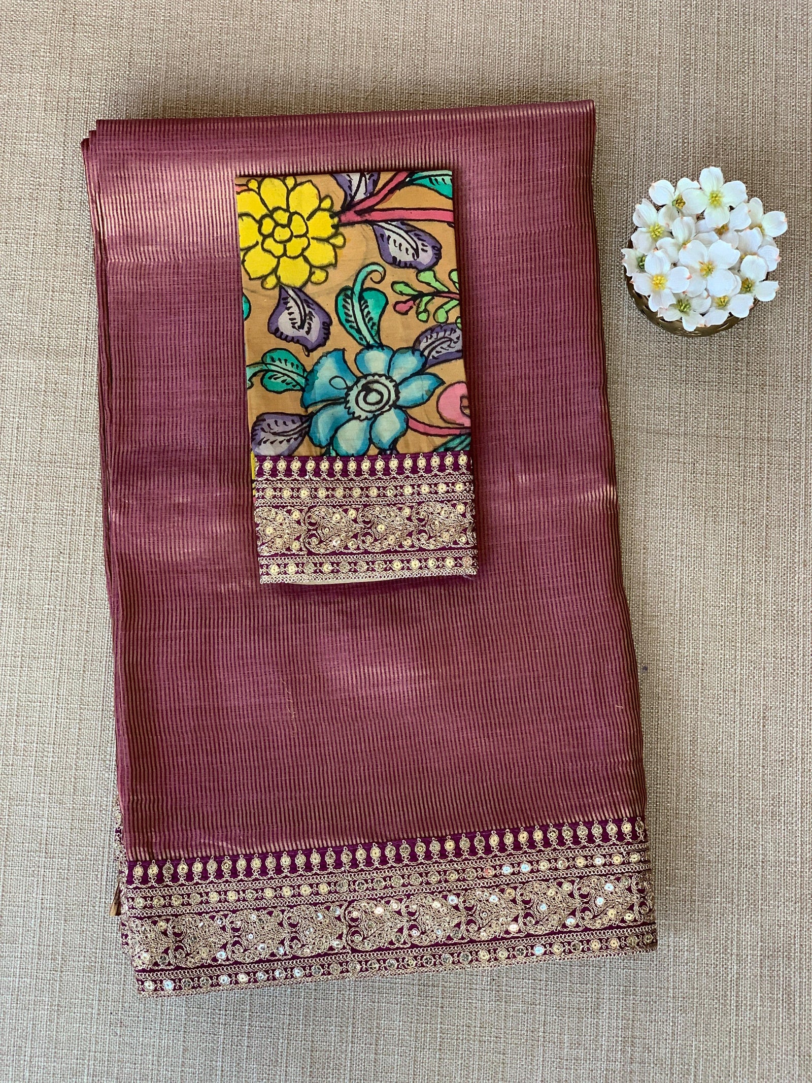 Wine kora Muslin Tissue fusion saree