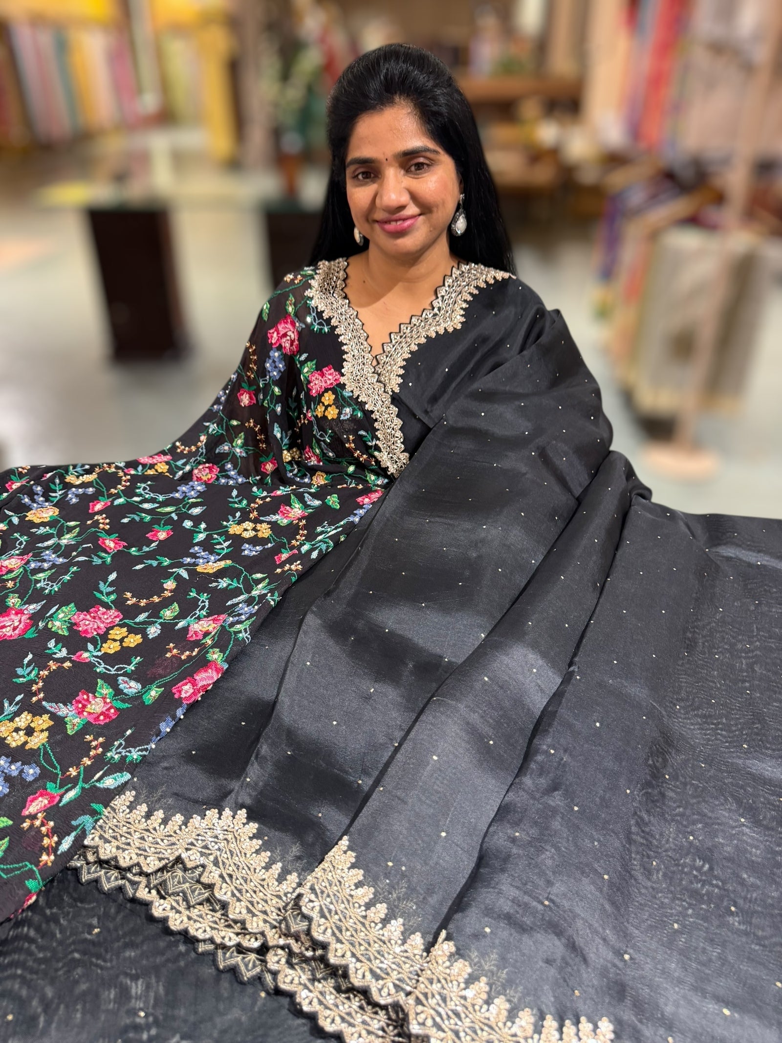 Black Pure Organza Handwork Saree with heavy Designer Blouse