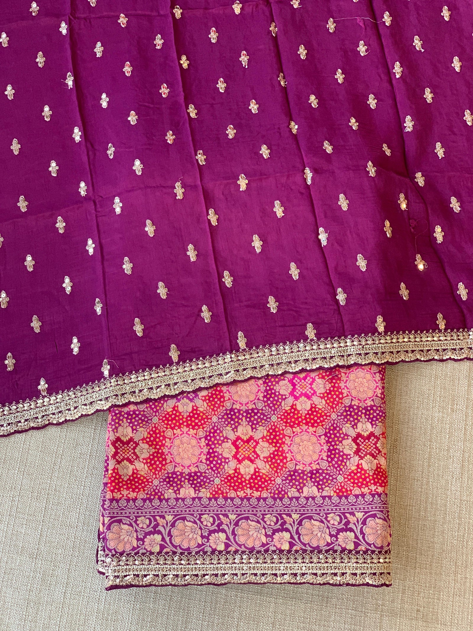 orangish Red & Wine Banarasi bandhini georgette