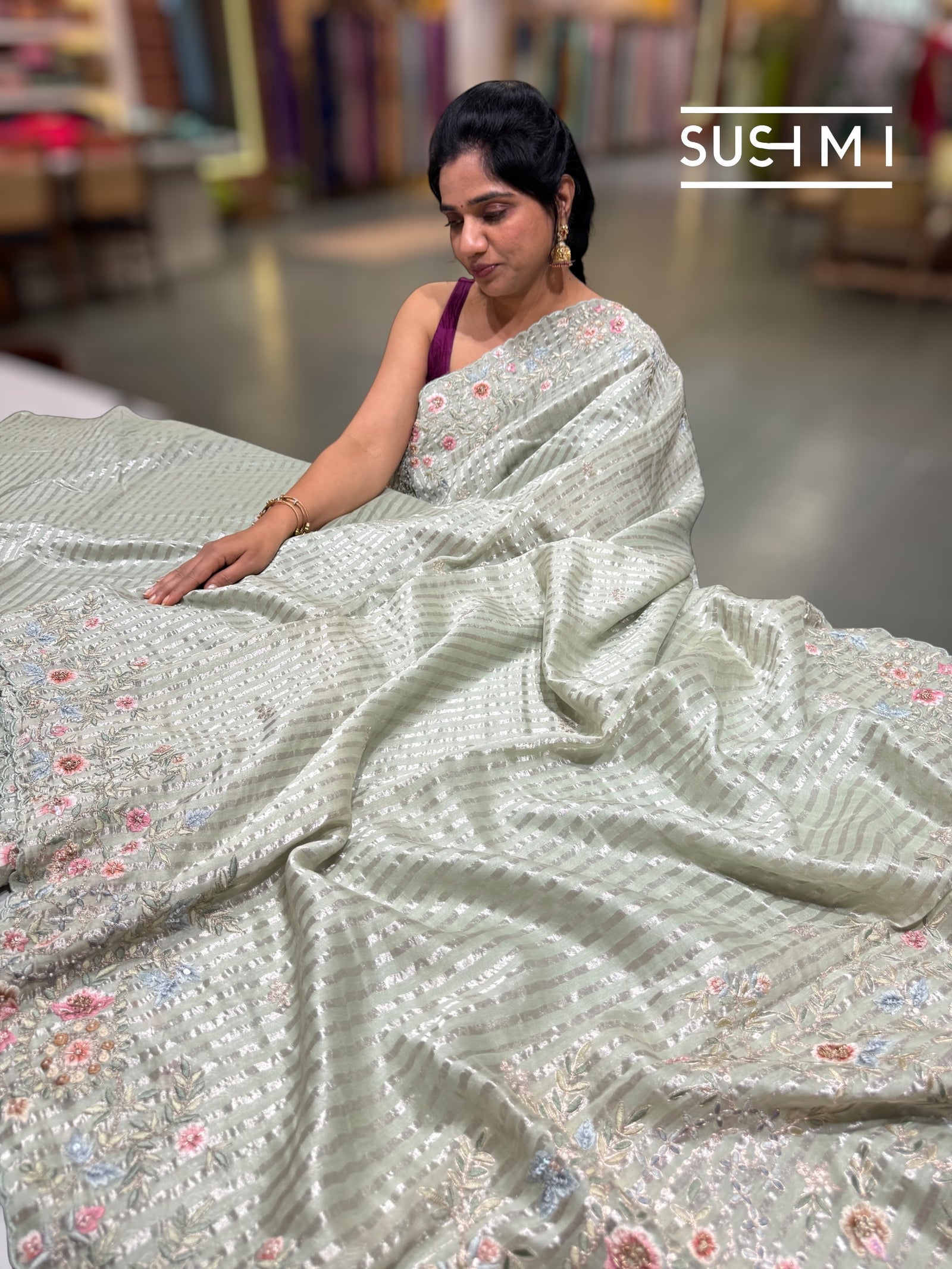 Mint mul tissue Saree with handcrafted floral border : SM024
