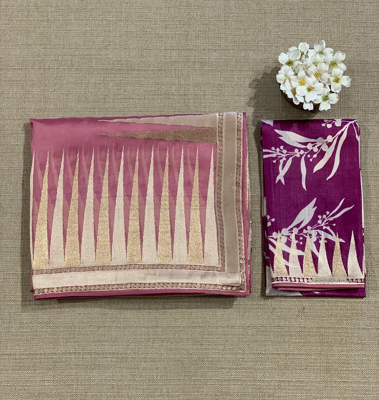 Blush Pink Pure Organza With Temple Embroidered Border & Tussar Printed Blouse