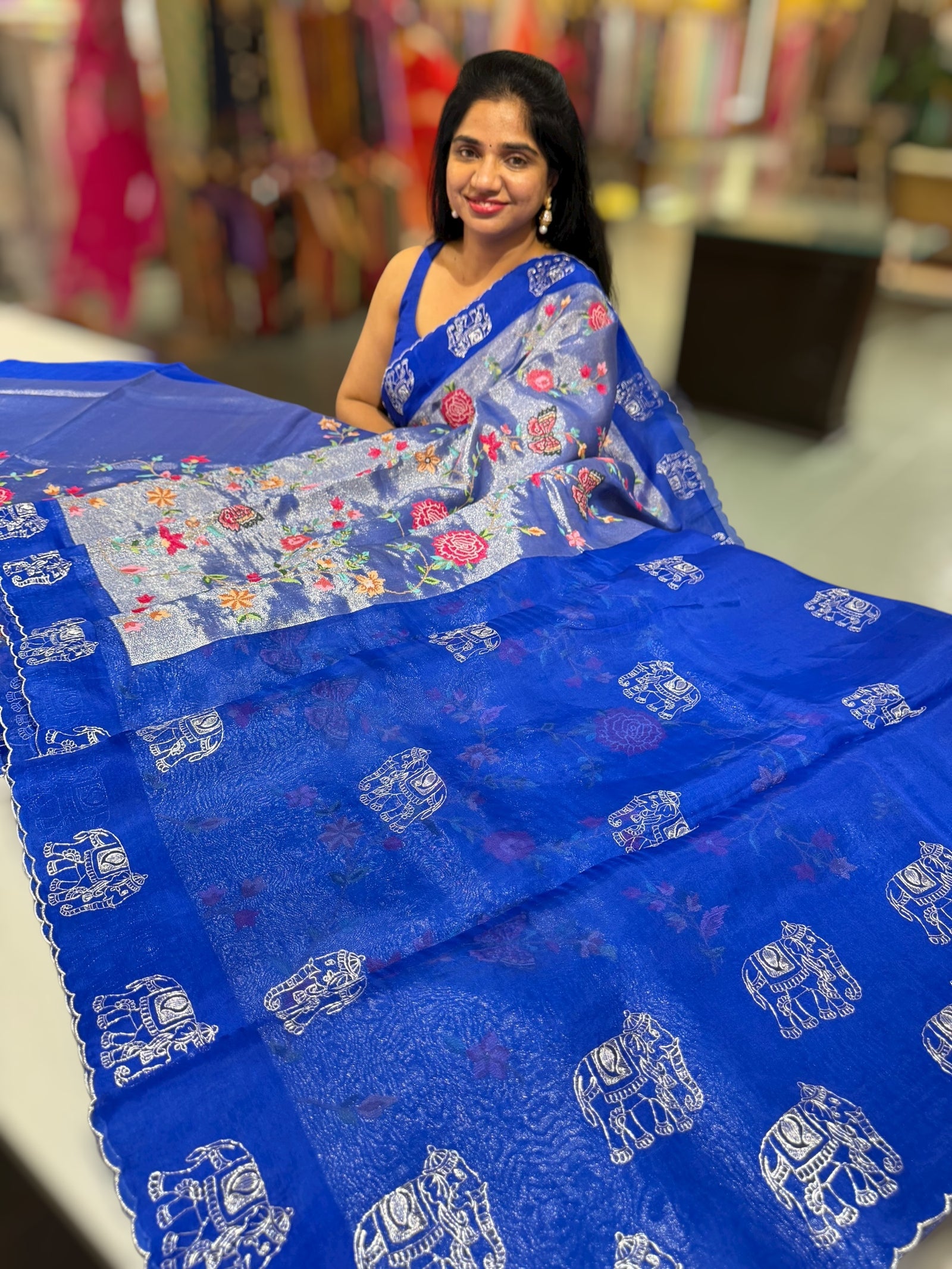 Electric Blue Premium Handloom Designer Tissue saree with exquisite embroidery