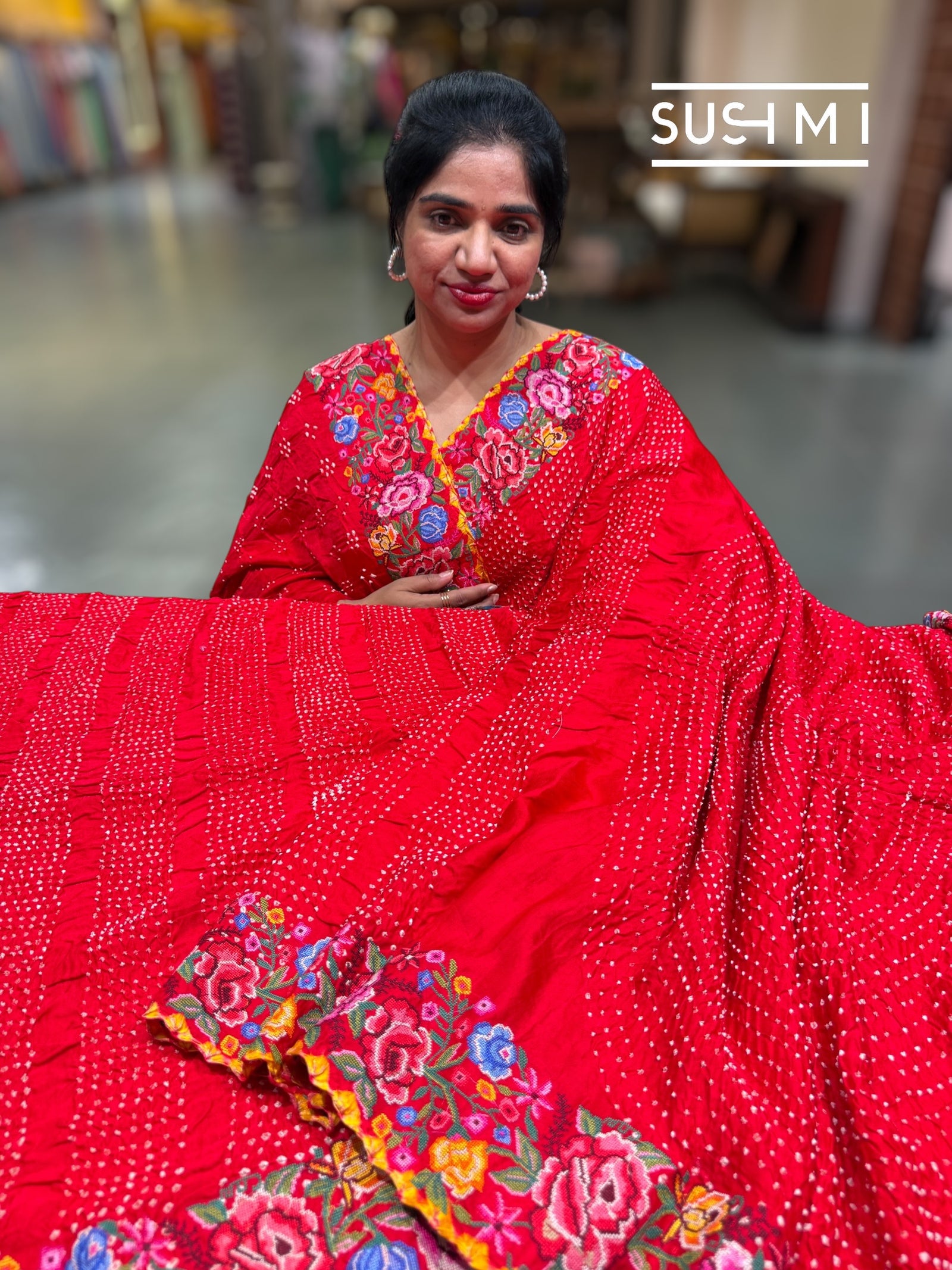 Chilli Red Pure Gajji Silk Rai bandhej Saree with petite point embroidery : SM082