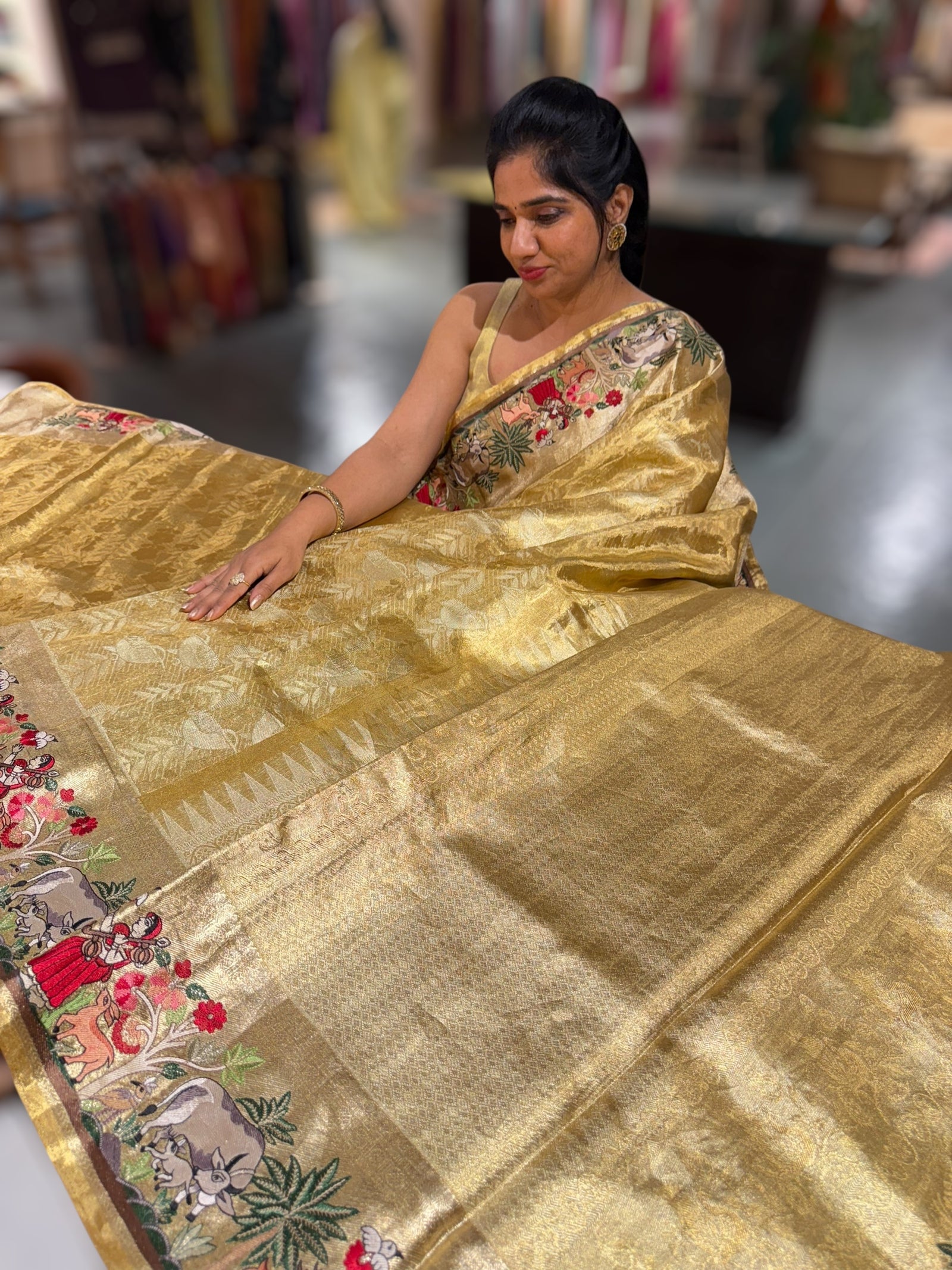 Gold Kanjeevaram Saree with Village Theme Embroidery