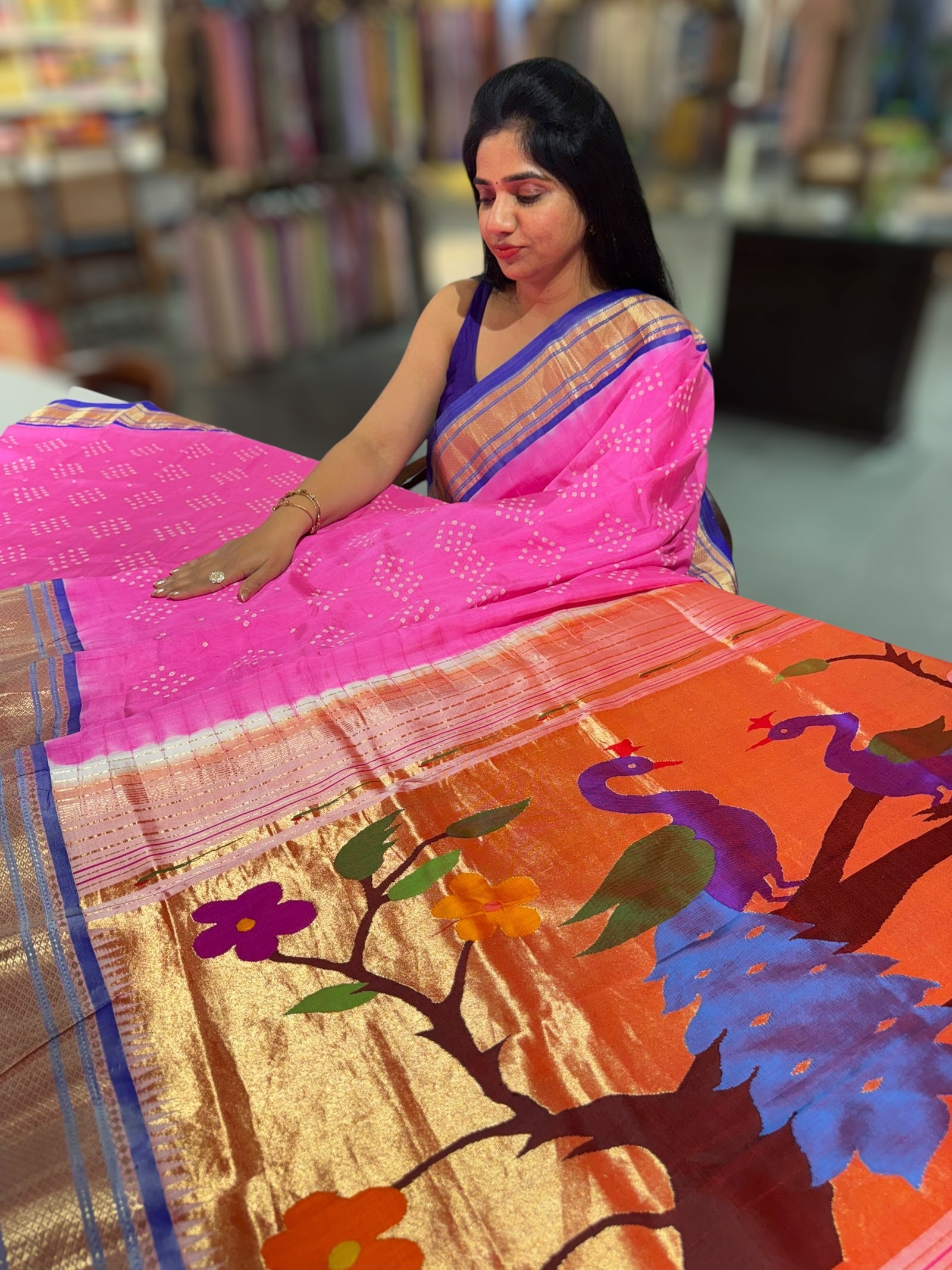 Lotus Pink Pure handloom Bandhini paithani saree