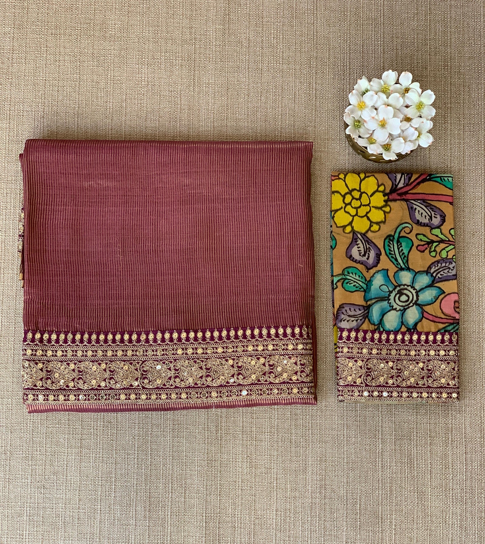 Wine kora Muslin Tissue fusion saree