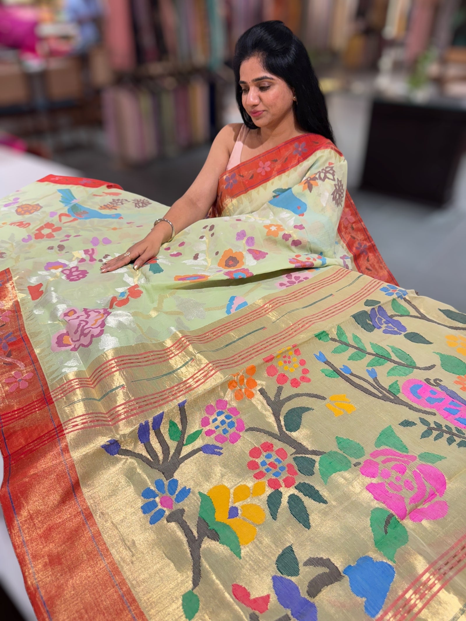 Mint allover ponduru khadi jamdani with paithani borders & Pallu