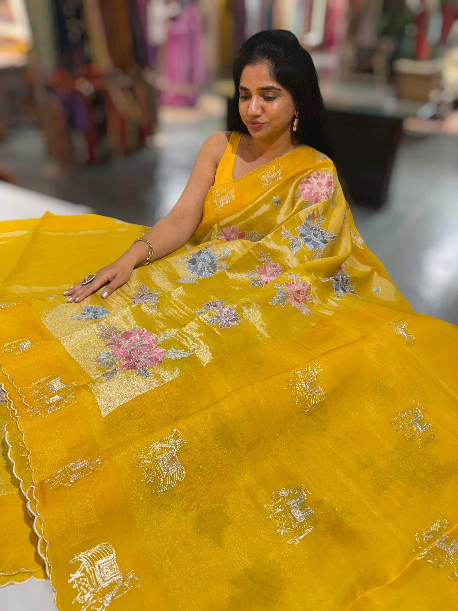 Yellow Premium Handloom Designer Tissue saree with exquisite embroidery