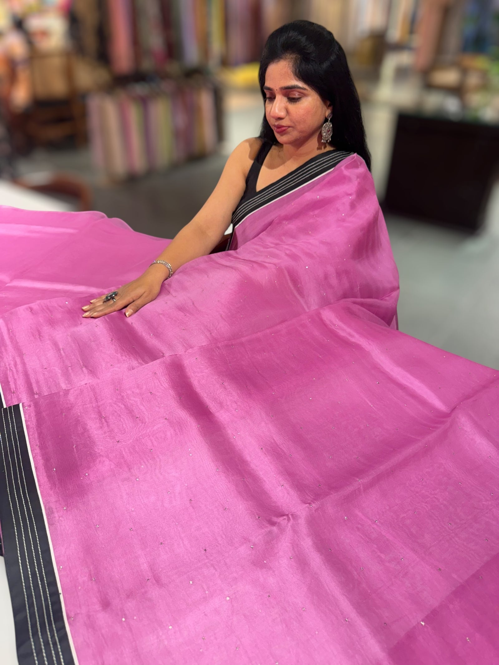 Rose Pink Organza Saree with embroidered blouse