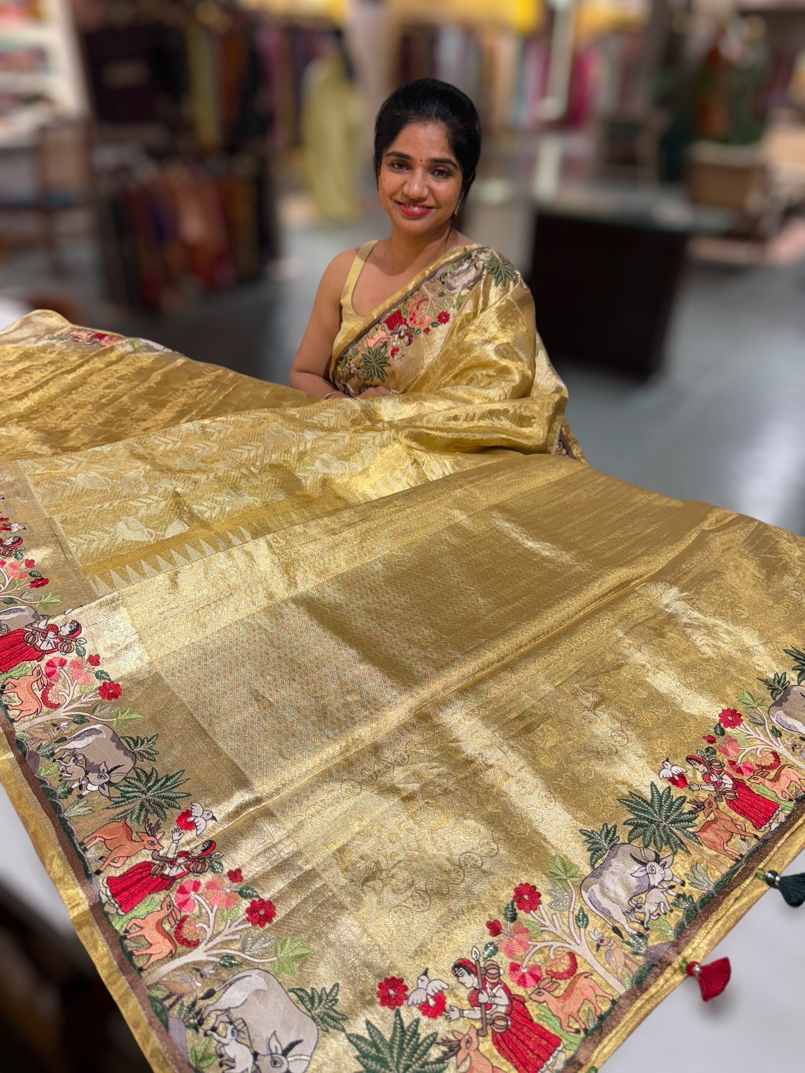 Gold Kanjeevaram Saree with Village Theme Embroidery