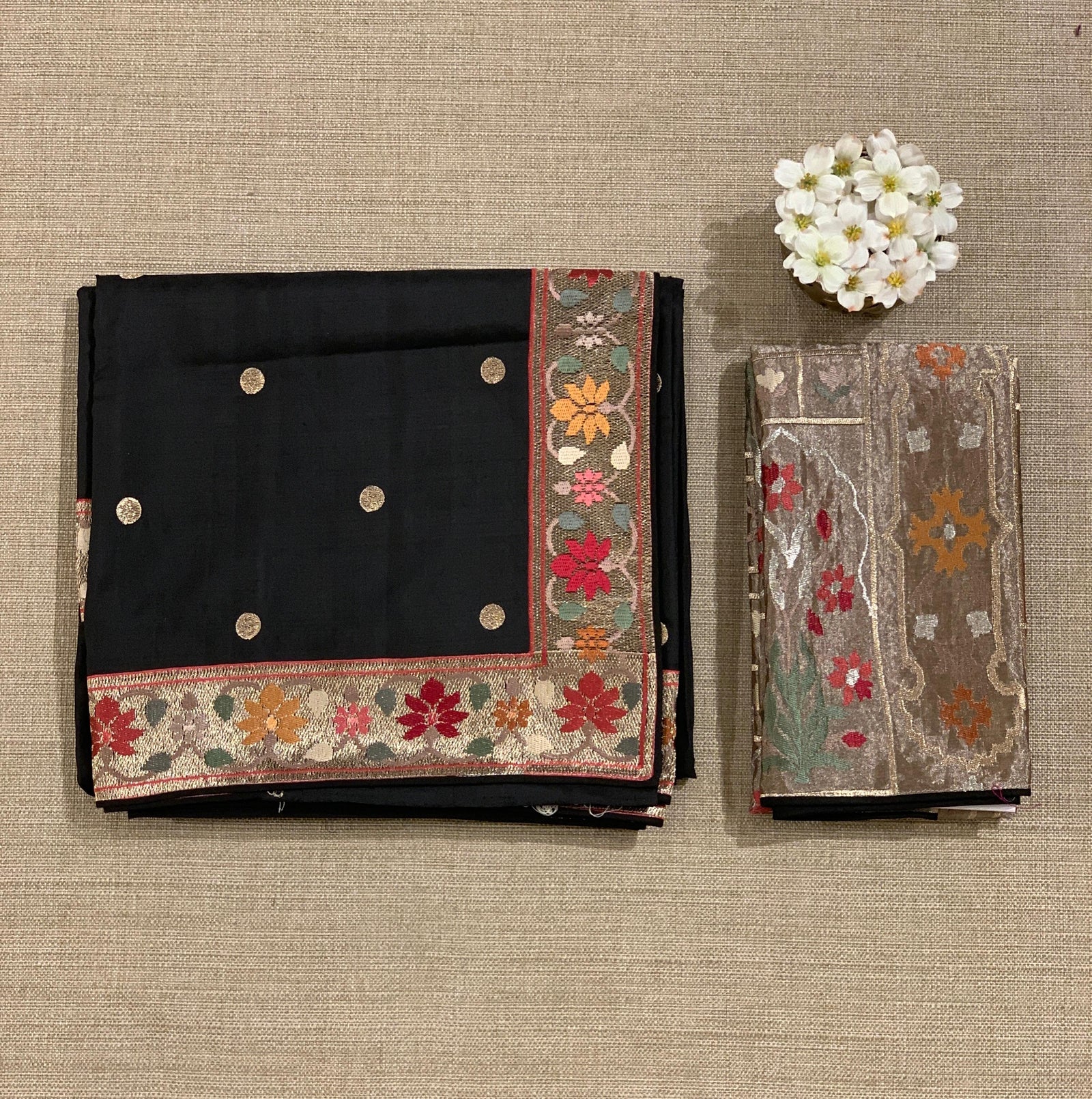 Black Kanchi soft silk saree with pythani and jamdani inspired embroidery