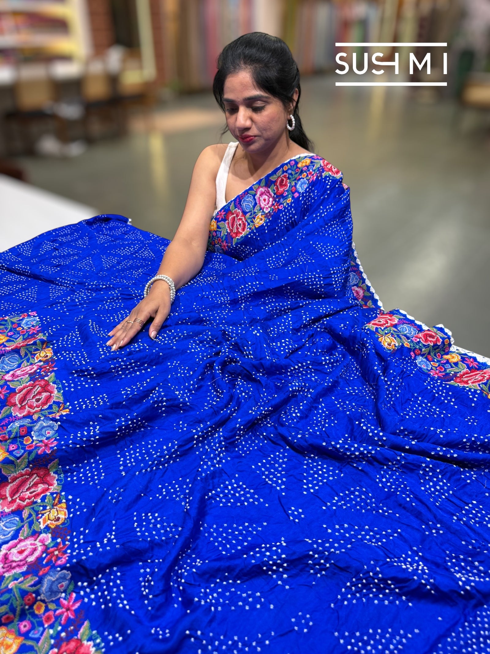 Electric Blue Pure Gajji Silk Rai bandhej Saree with petite point embroidery : SM081