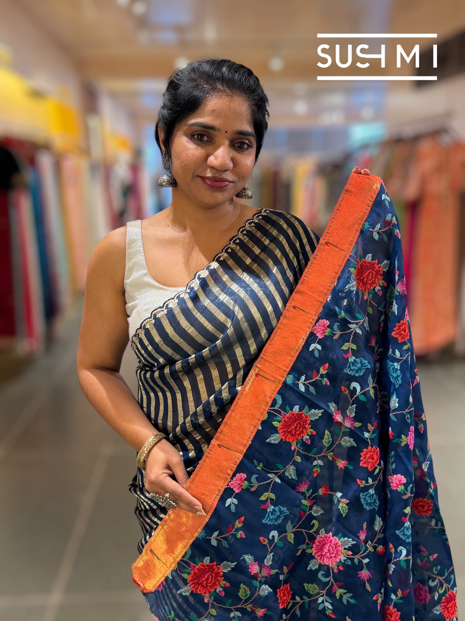 Midnight blue Mul tissue stripes saree with fusion blouse : D62134