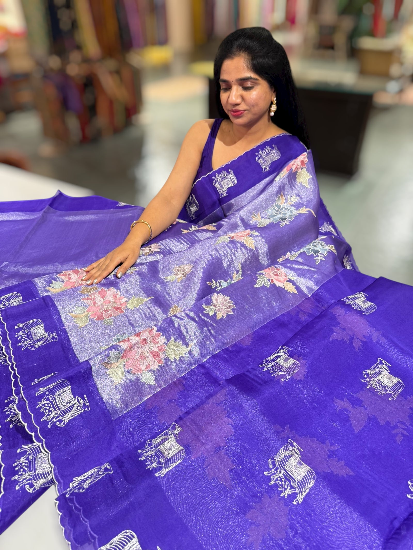 Purple Premium Handloom Designer Tissue saree with exquisite embroidery