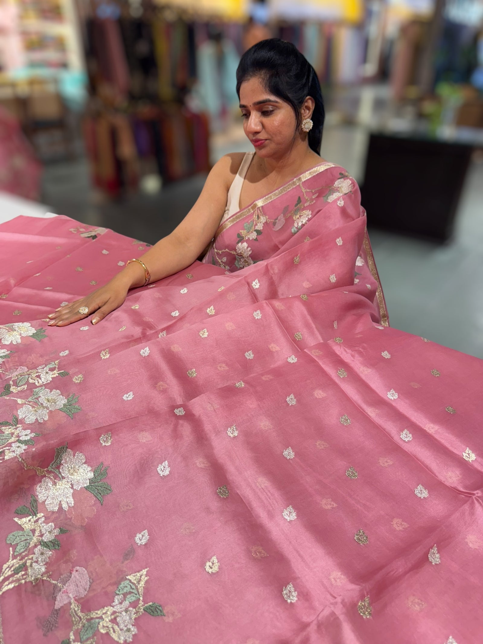 Onion Pink Pure Organza with jamdani inspired embroidery