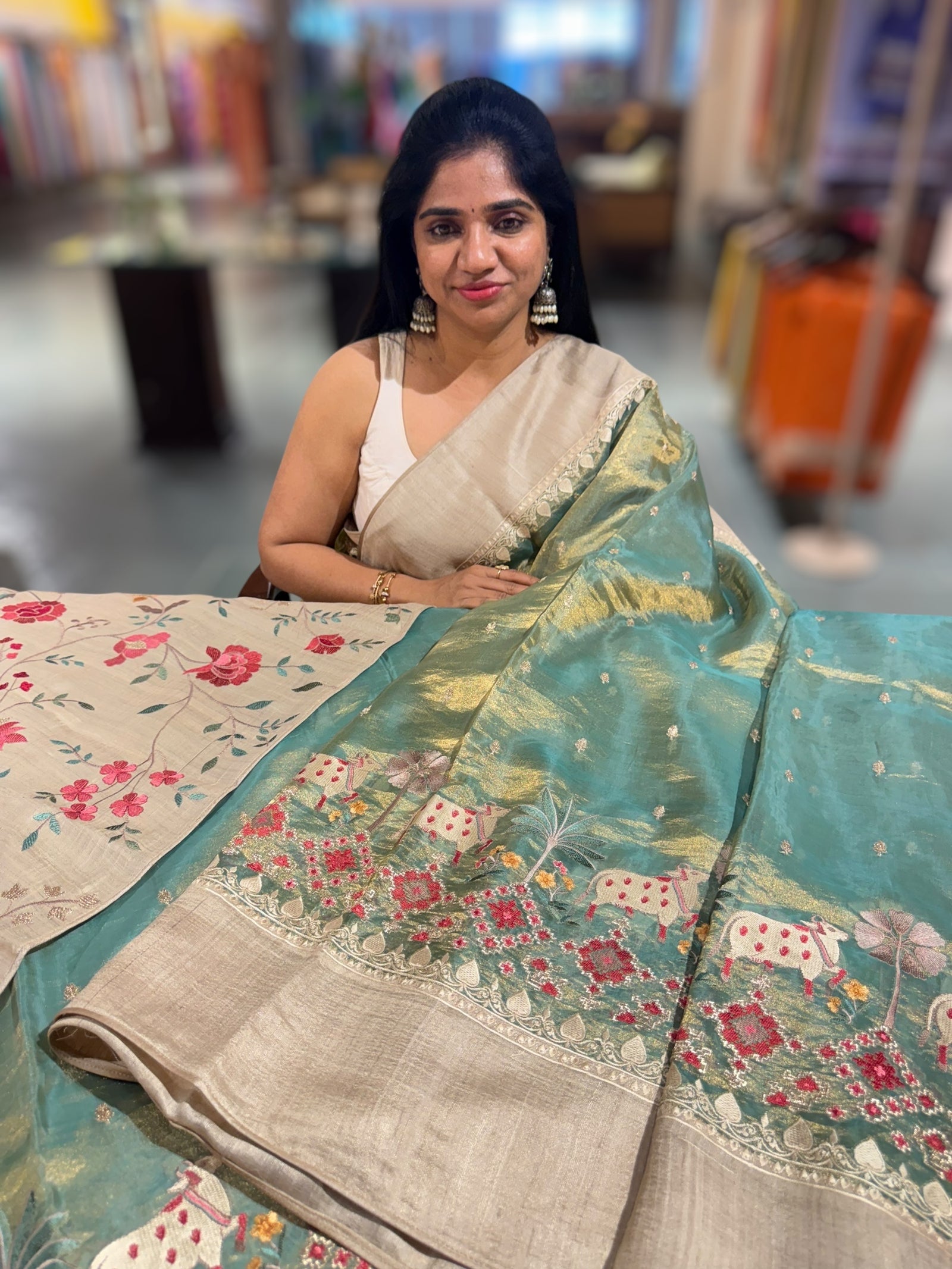 Mint Green Designer Tissue Saree