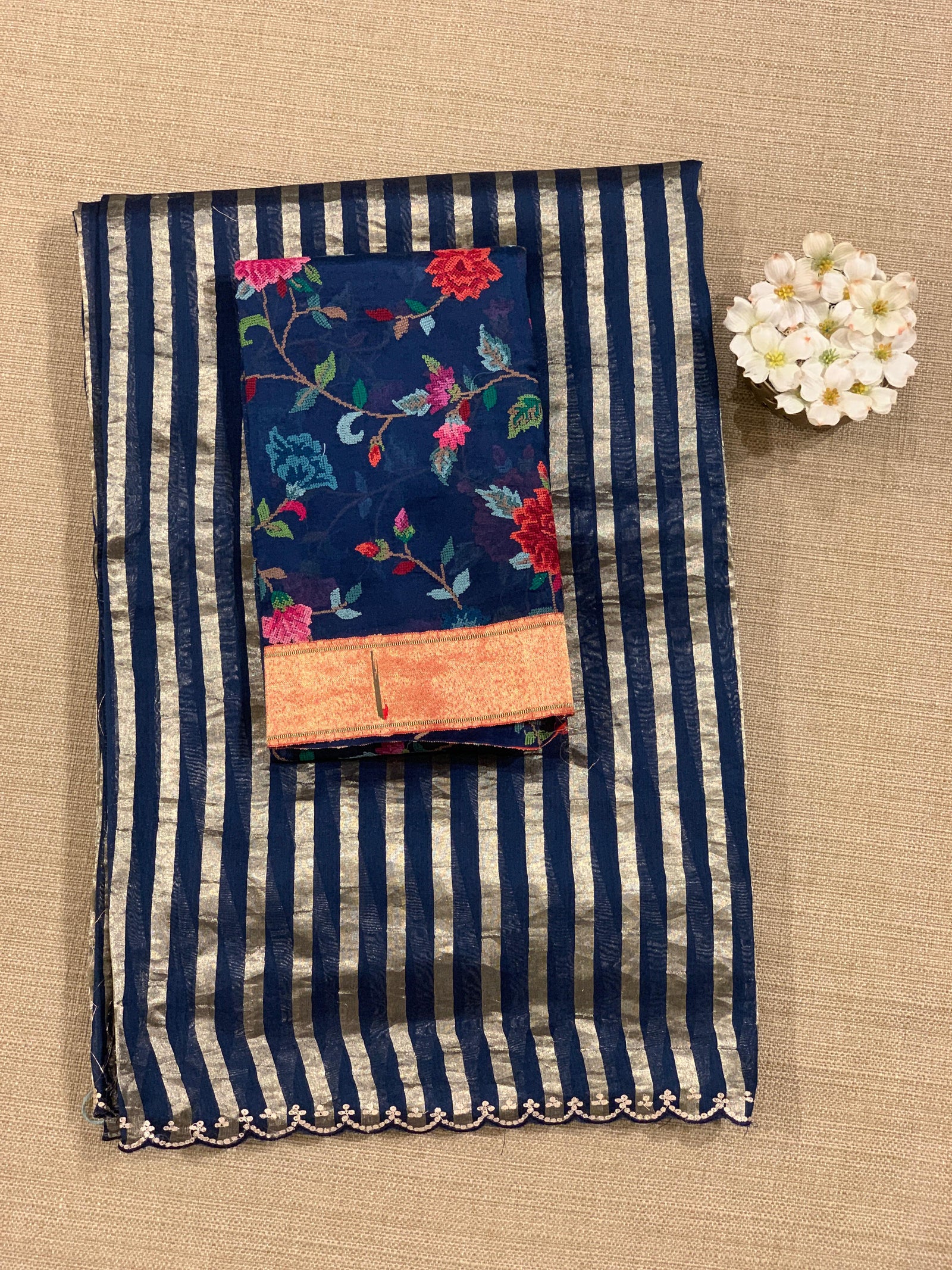 Midnight blue Mul tissue stripes saree with fusion blouse : D62134