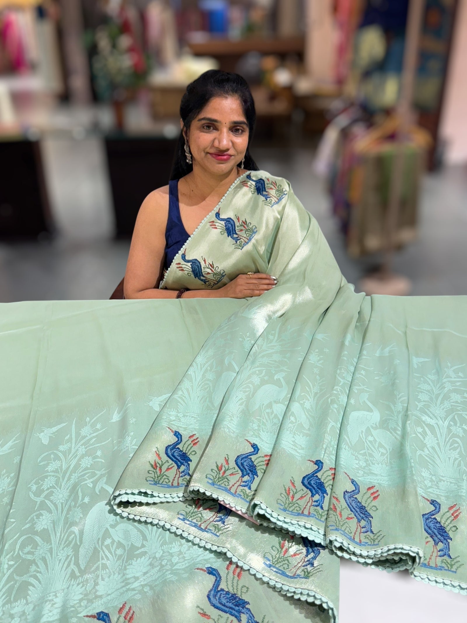 Mint Blue Banarasi Brocade tissue saree with tonchui style weaving & petite point embroidered swan border