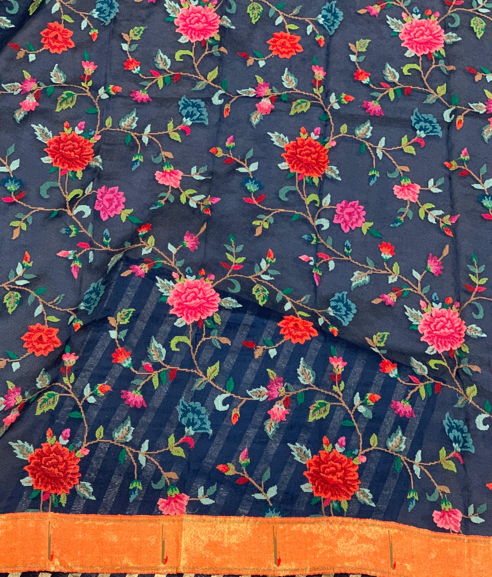 Midnight blue Mul tissue stripes saree with fusion blouse : D62134