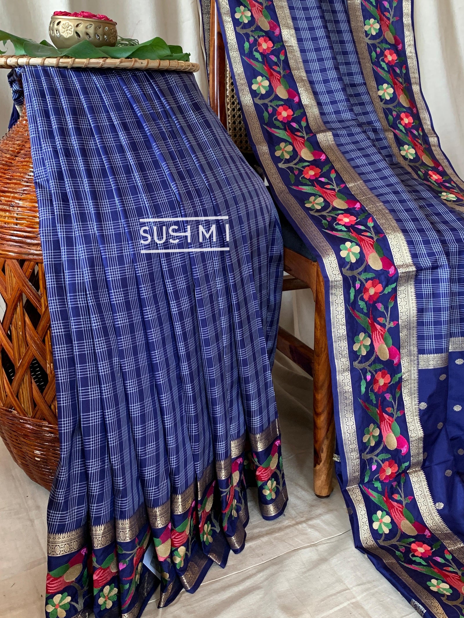 Midnight Blue Vintage checks Kanjeevaram soft silk saree with embroidery D62F040