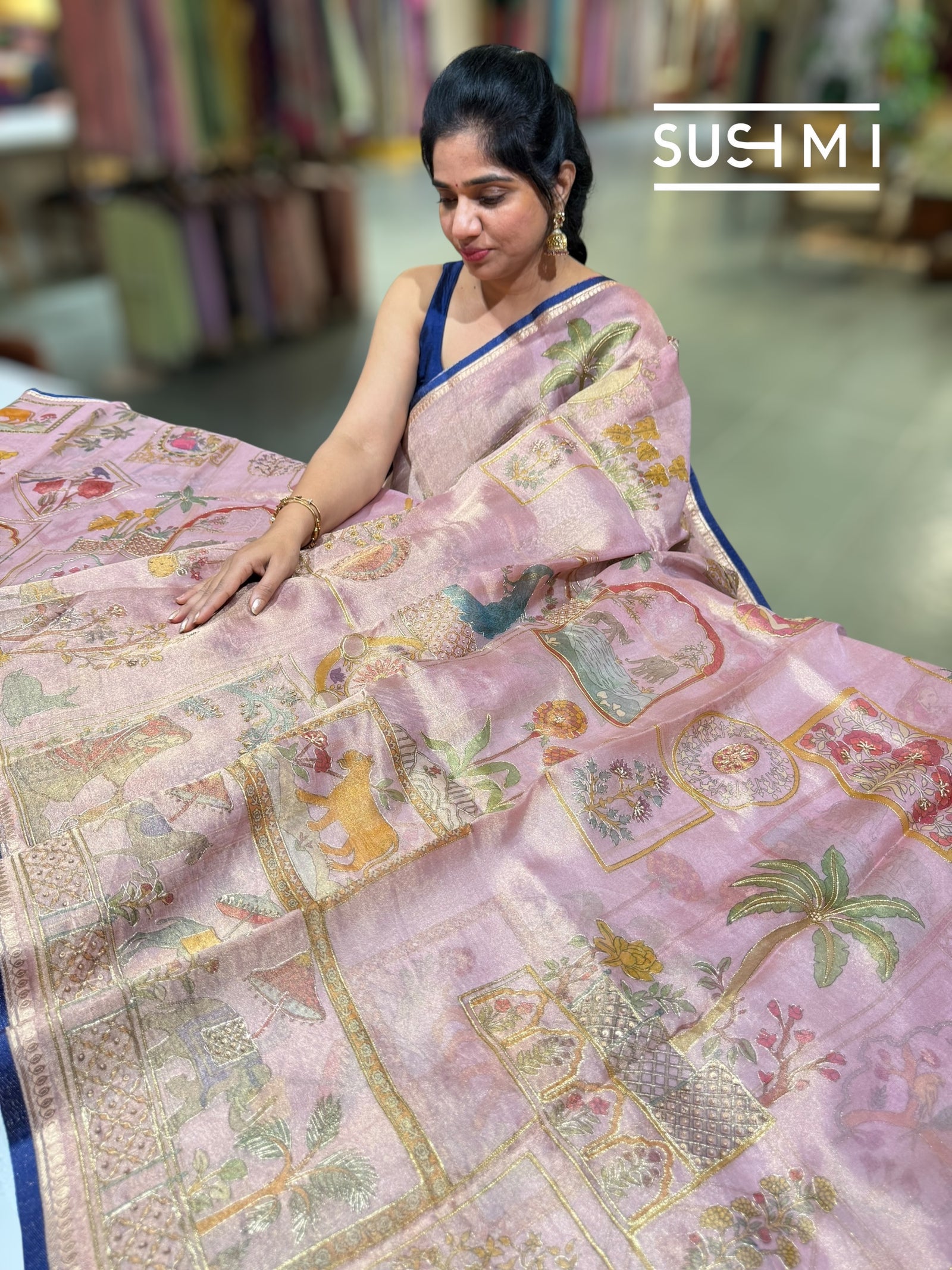 Pastel Pink Banarasi printed Tissue saree with handwork D62F057