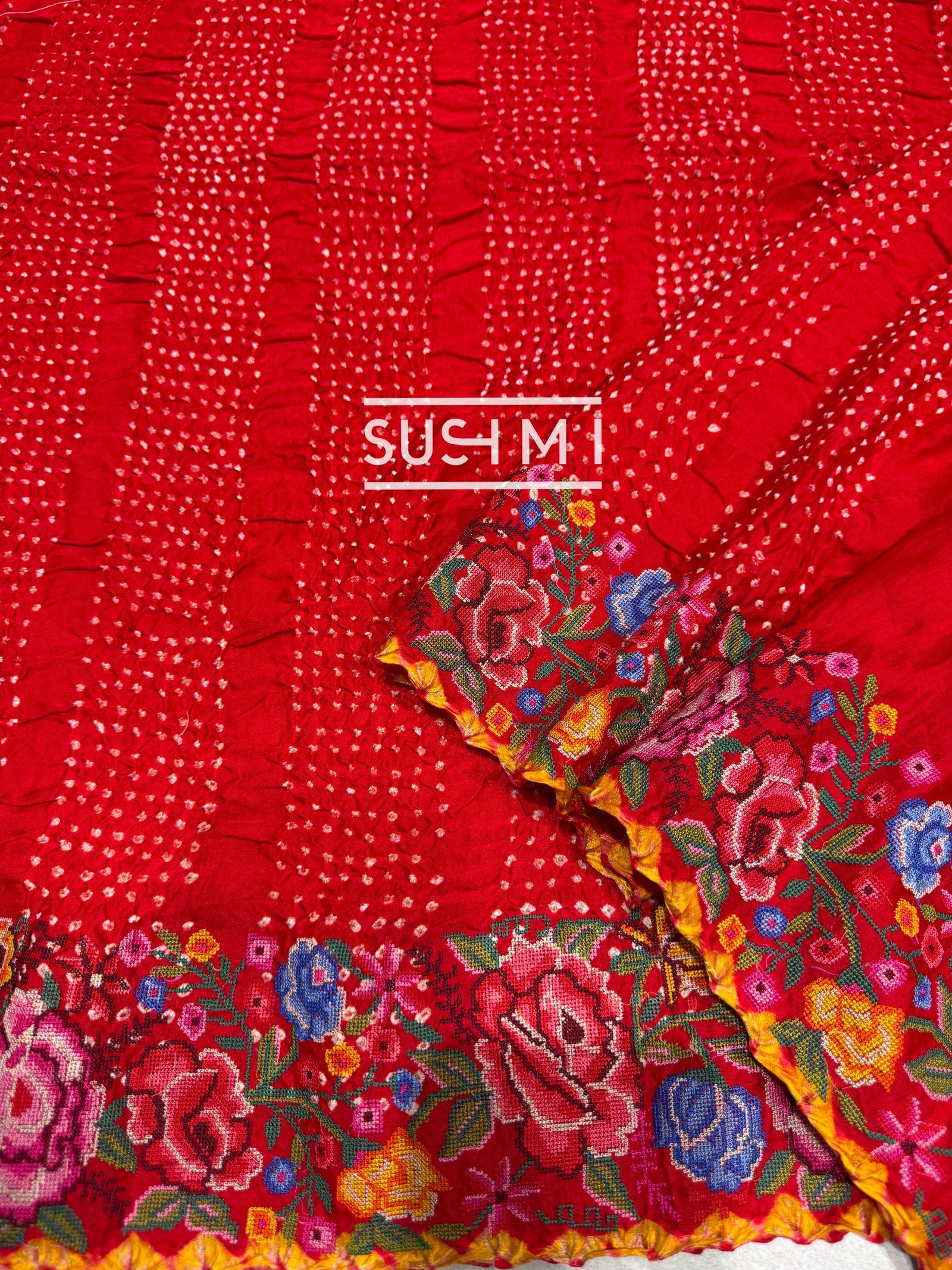 Chilli Red Pure Gajji Silk Rai bandhej Saree with petite point embroidery : SM082