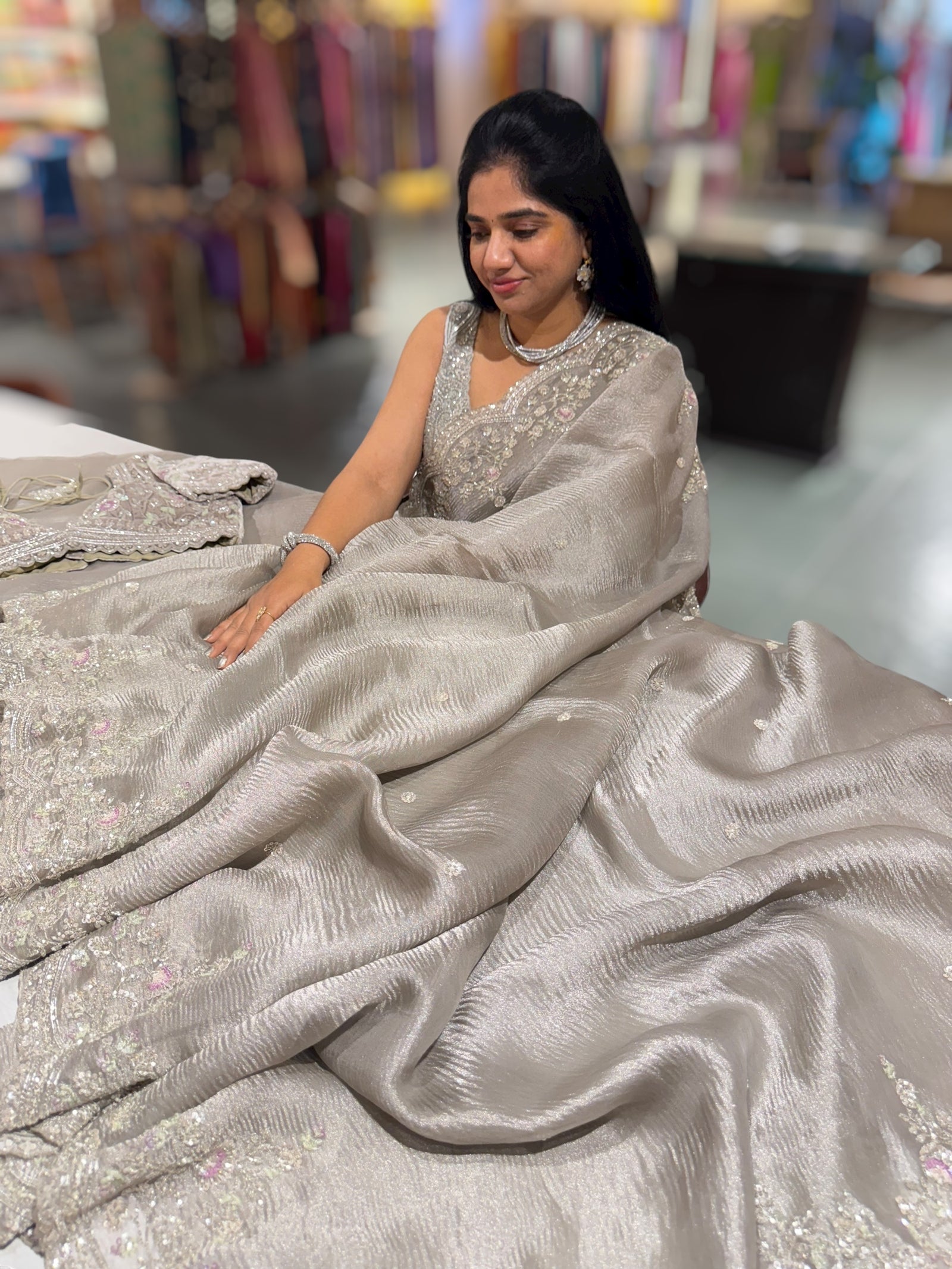 Greyish silver Crush Tissue handwork Saree