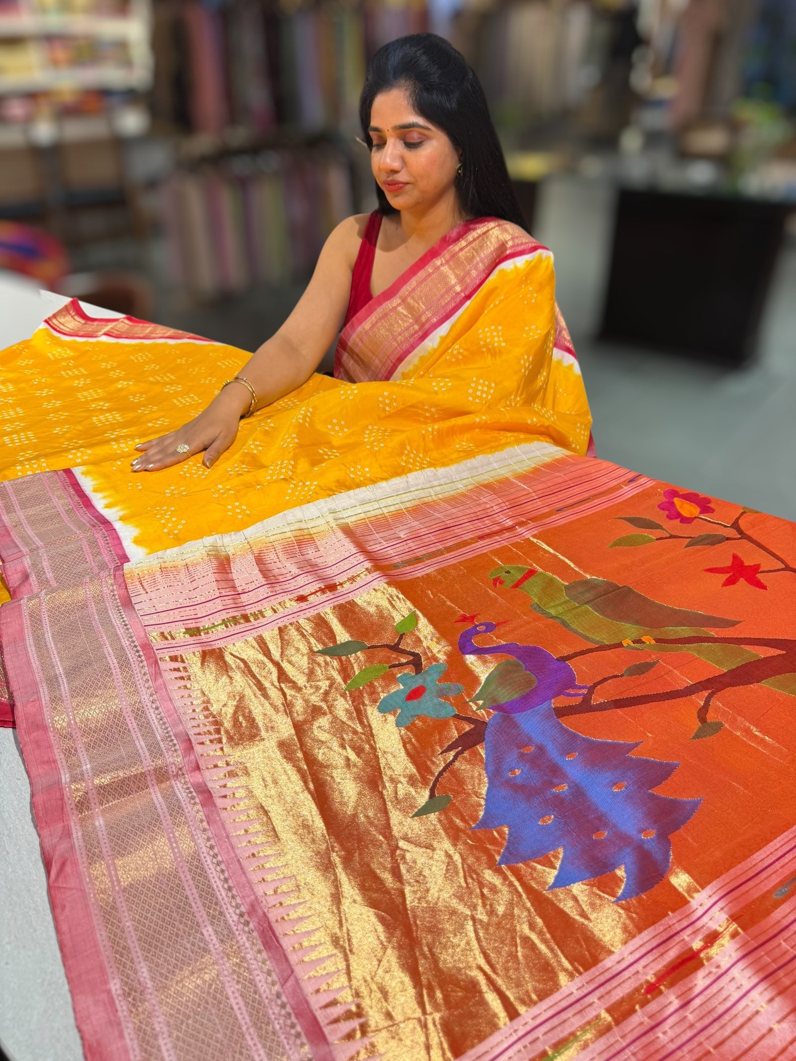 Yellow Pure handloom Bandhini paithani saree