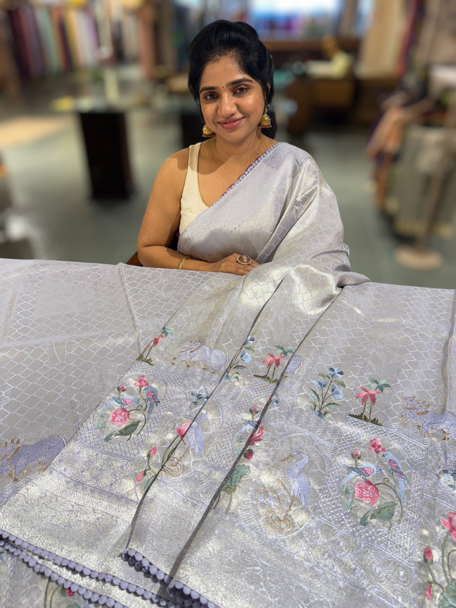 Bluish Lilac Fancy Banarasi saree with embroidery