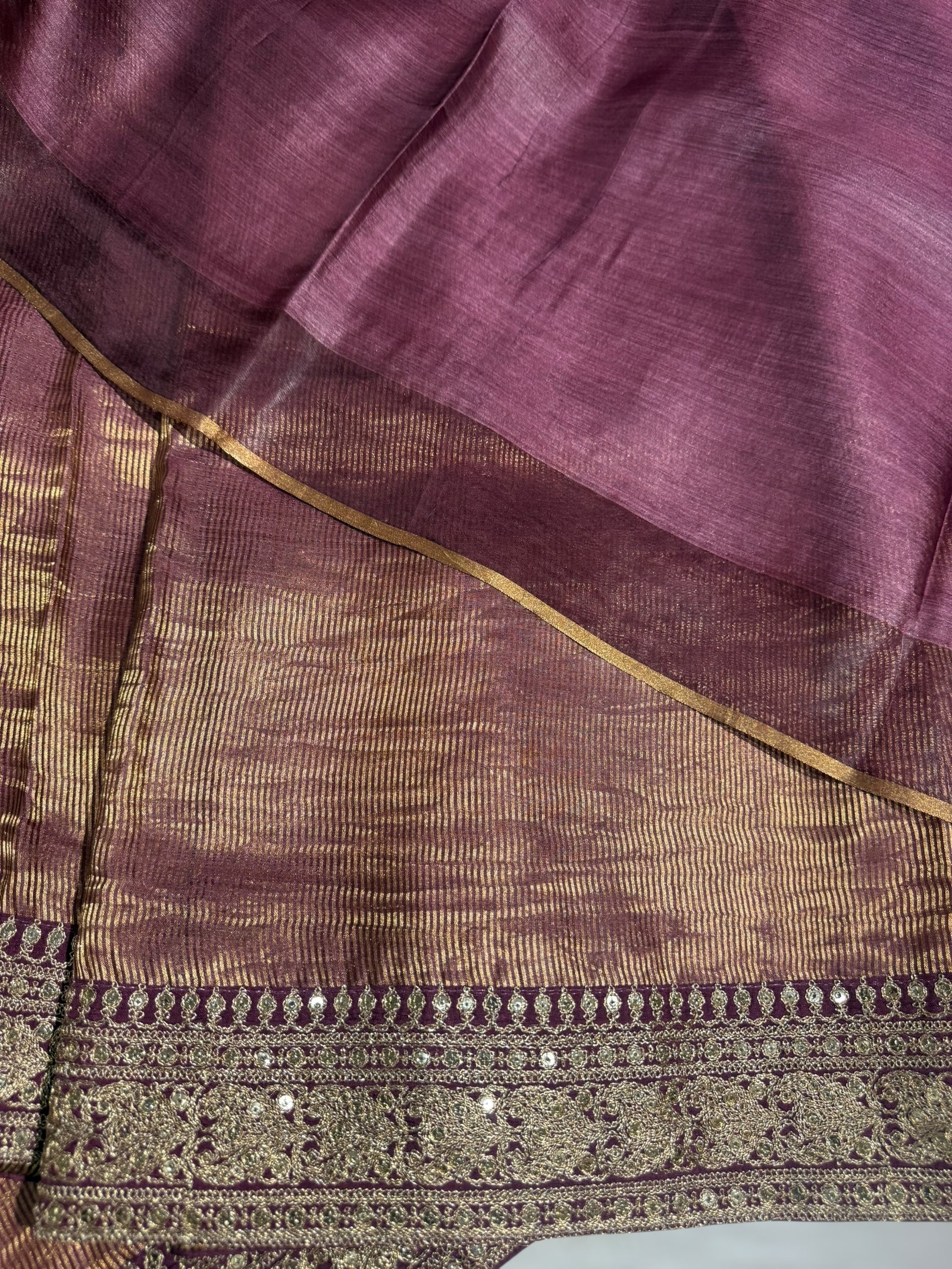 Wine kora Muslin Tissue fusion saree