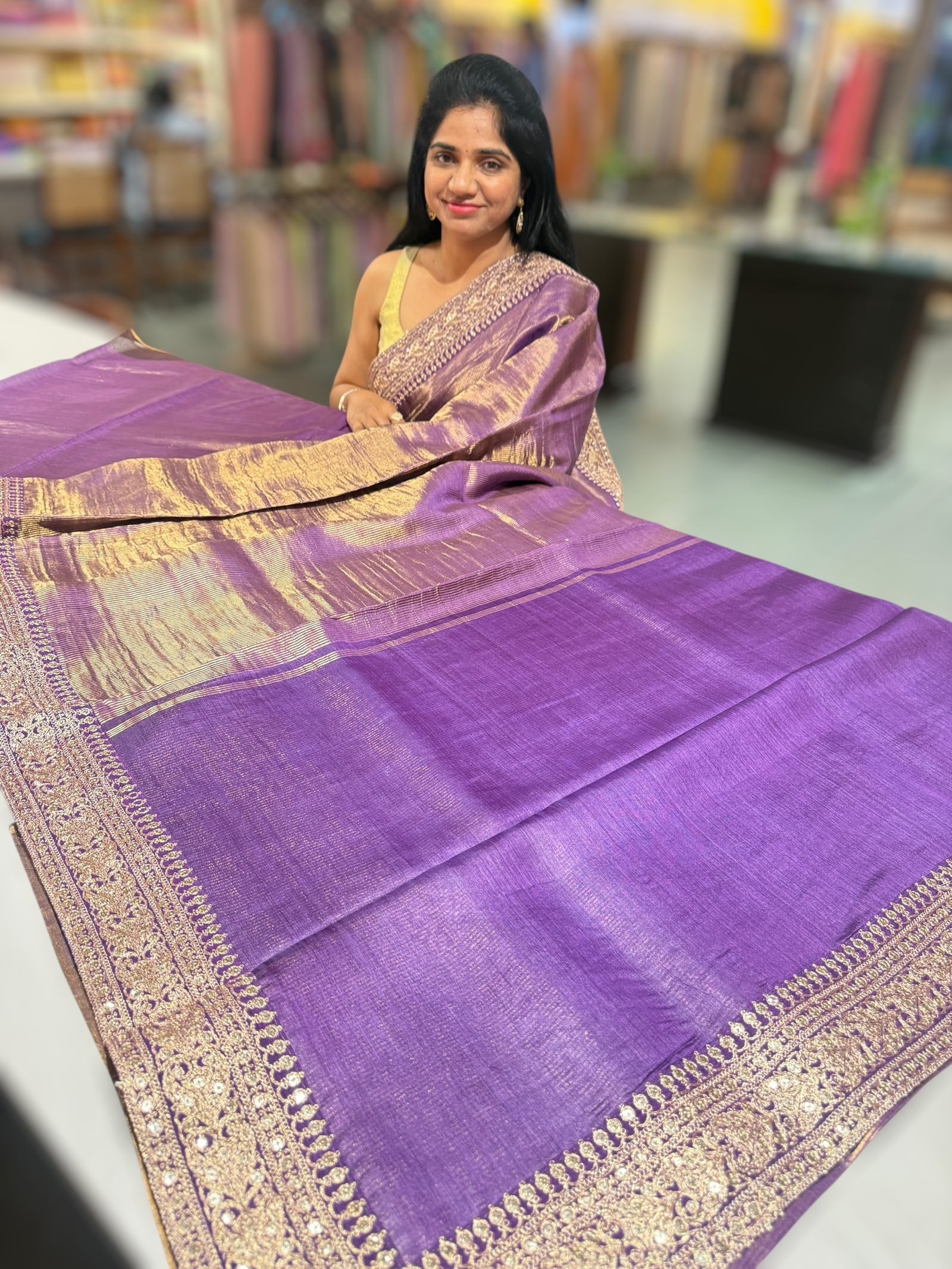 Purple kora Muslin Tissue fusion saree