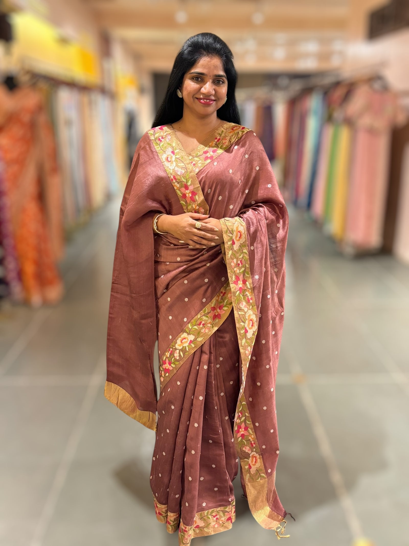 English Brown Raw Silk Saree with Embroidery